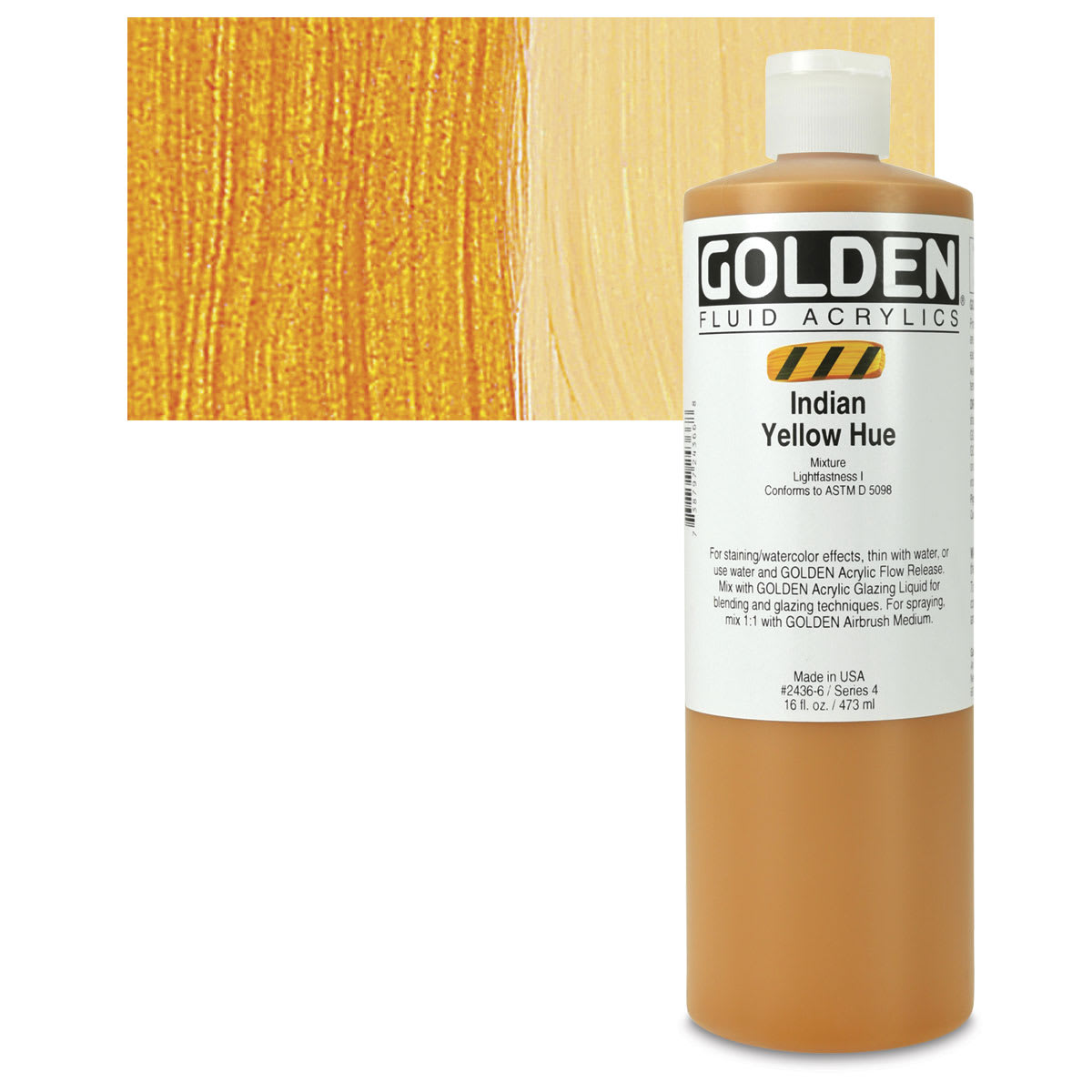 Golden Fluid Acrylic - Indian Yellow Historical Hue, 16 oz bottle and swatch