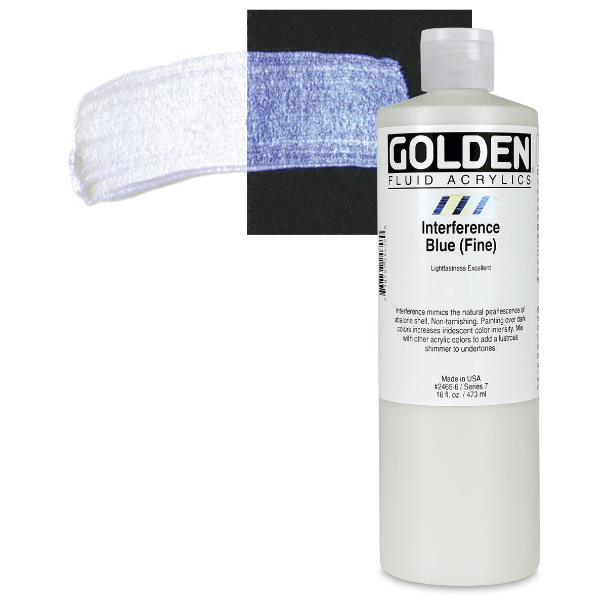 Golden Fluid Acrylic - Interference Blue (Fine), 16 oz bottle and swatch