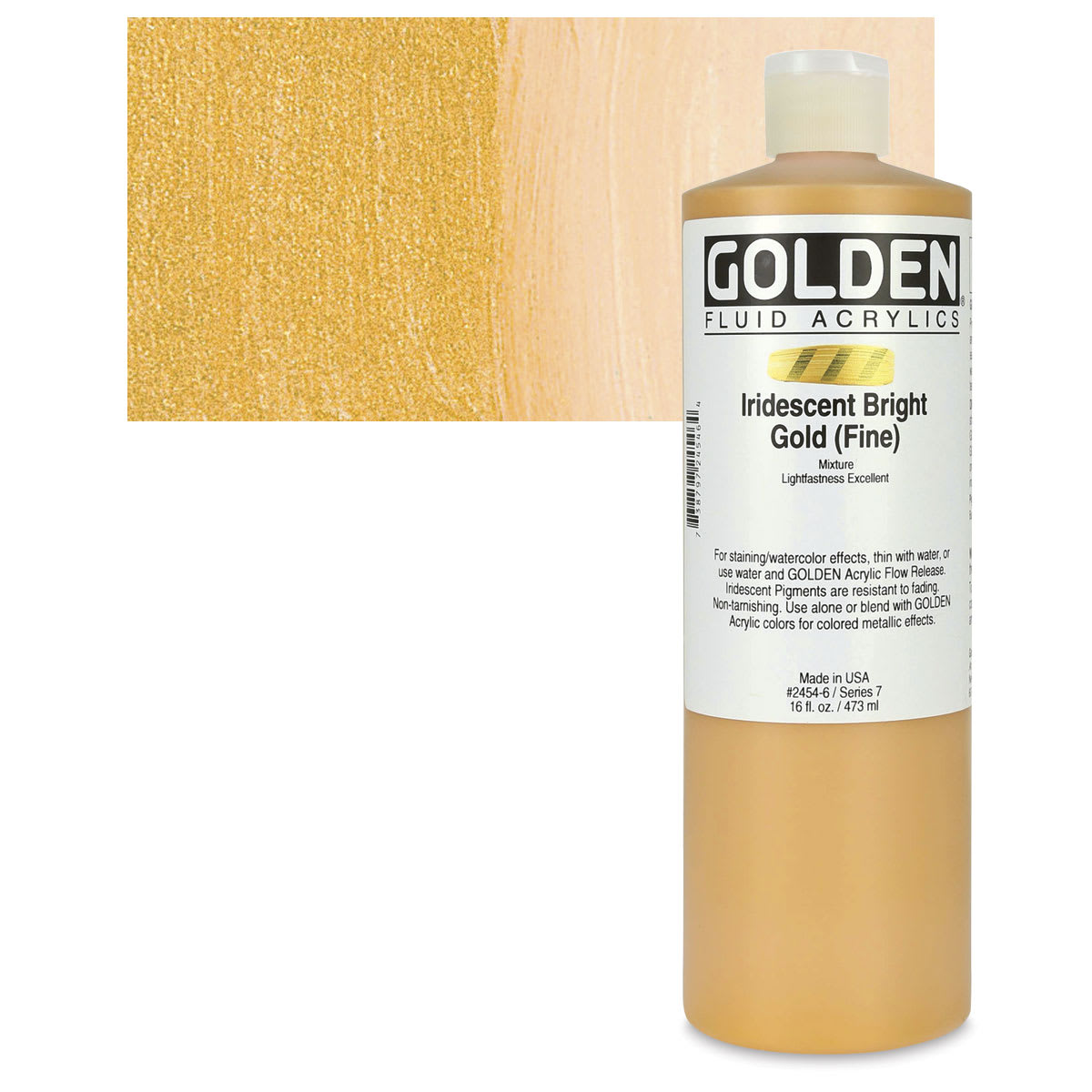 Golden Fluid Acrylic - Iridescent Bright Gold (Fine), 16 oz bottle and swatch