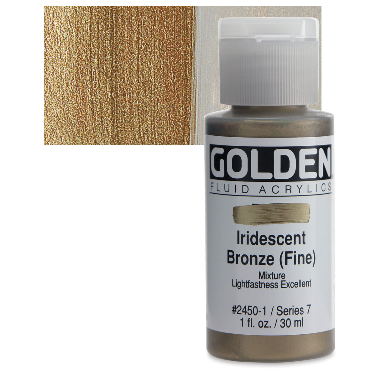 Golden Fluid Acrylic - Iridescent Bronze (Fine), 1 oz bottle and swatch