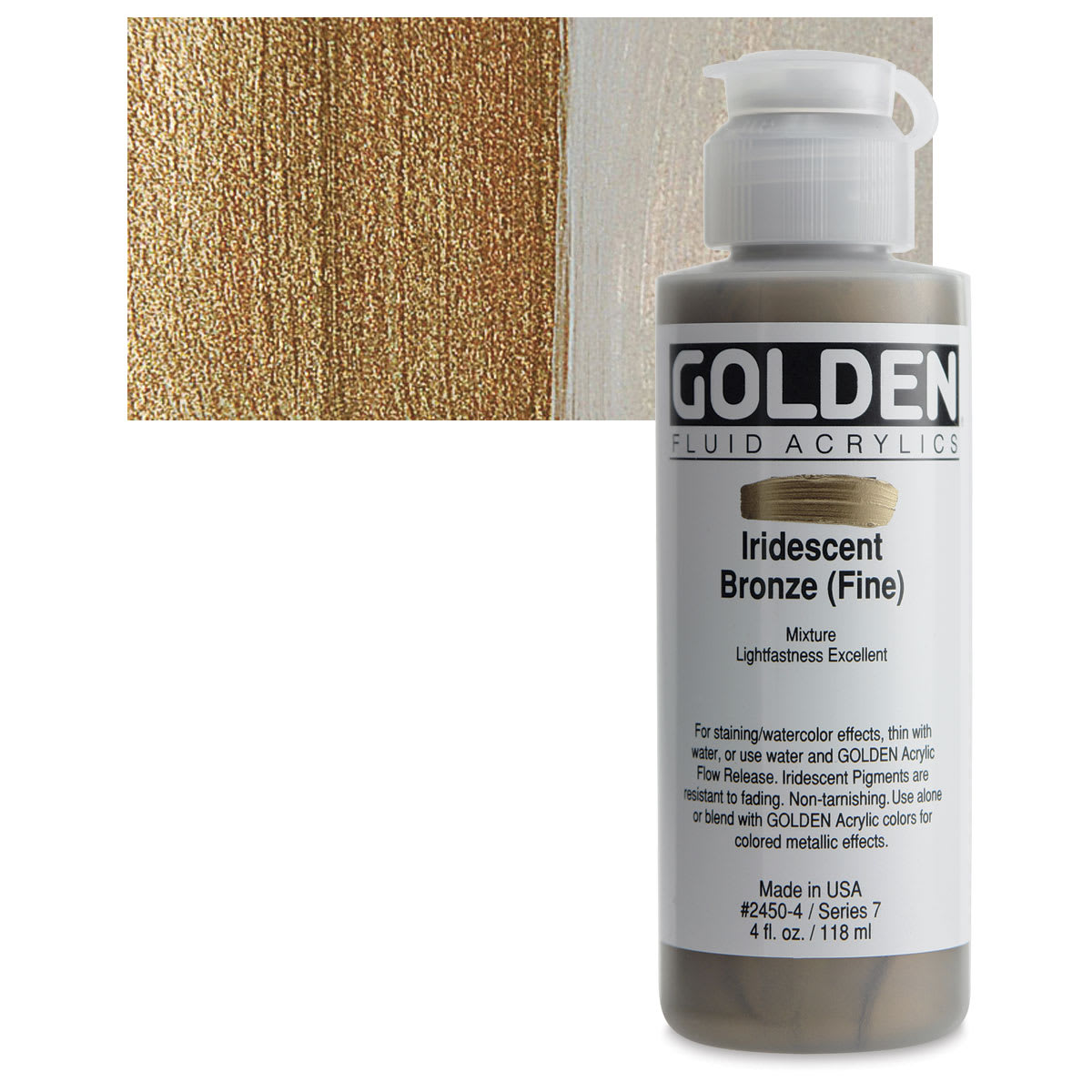 Golden Fluid Acrylic - Iridescent Bronze (Fine), 4 oz bottle and swatch