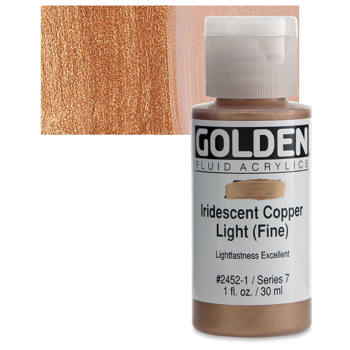 Golden Fluid Acrylic - Iridescent Copper Light (Fine), 1 oz bottle and swatch