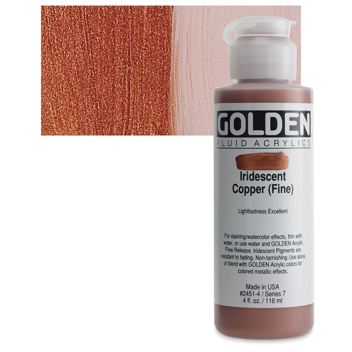 Golden Fluid Acrylic - Iridescent Copper (Fine), 4 oz  bottle and swatch