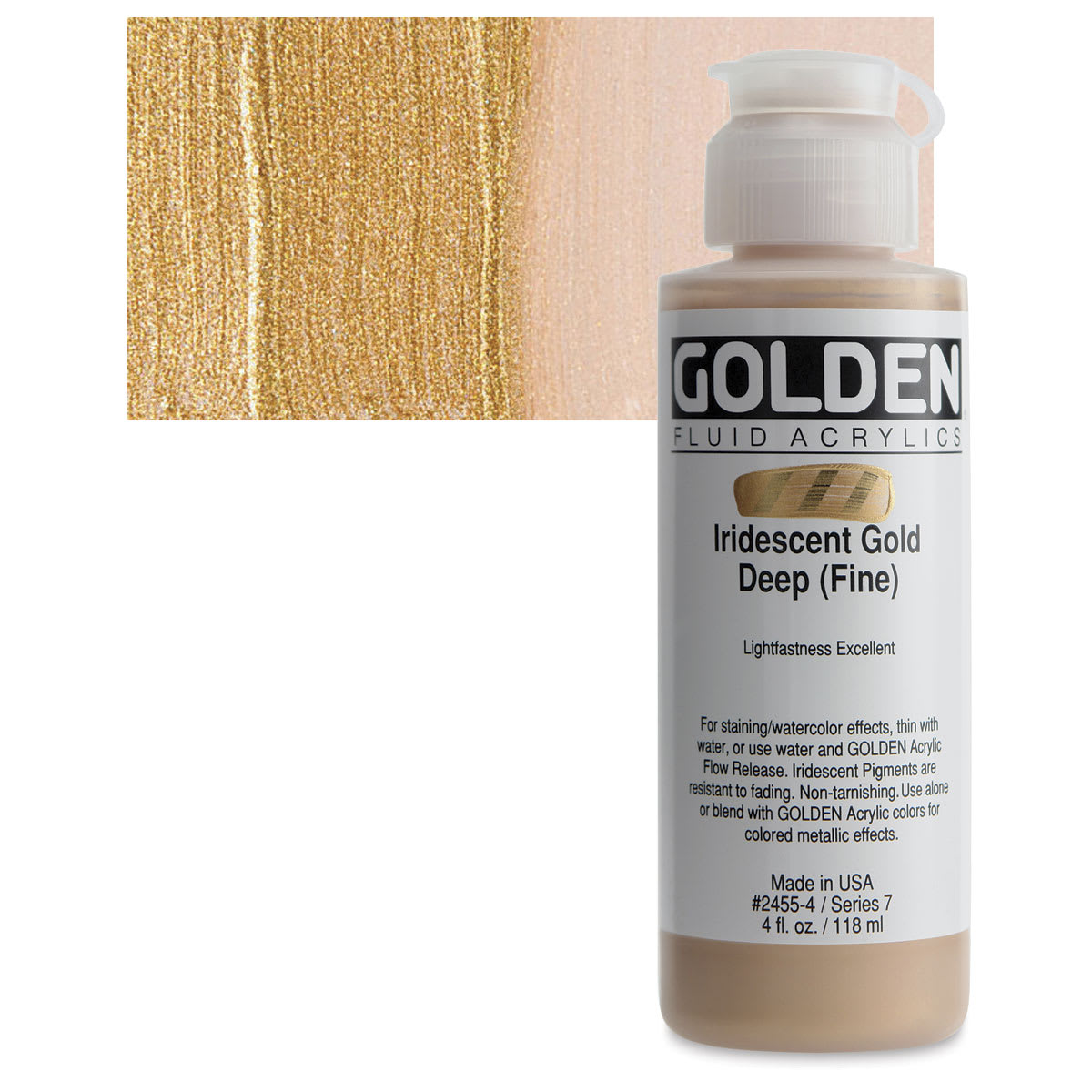 Golden Fluid Acrylic - Iridescent Gold Deep (Fine), 4 oz bottle and swatch