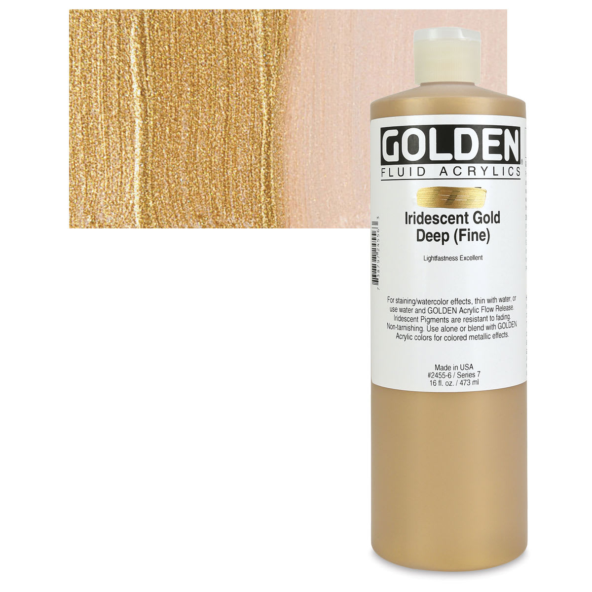 Golden Fluid Acrylic - Iridescent Gold Deep (Fine), 16 oz bottle and swatch