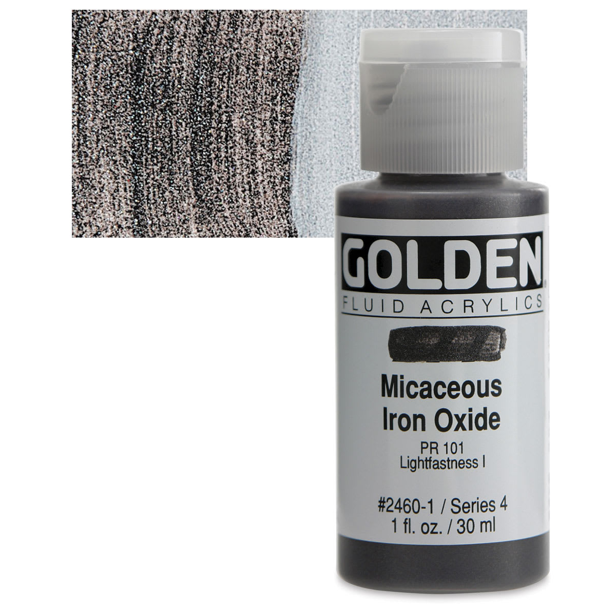 Golden Fluid Acrylic - Iridescent Micaceous Iron Oxide, 1 oz bottle and swatch