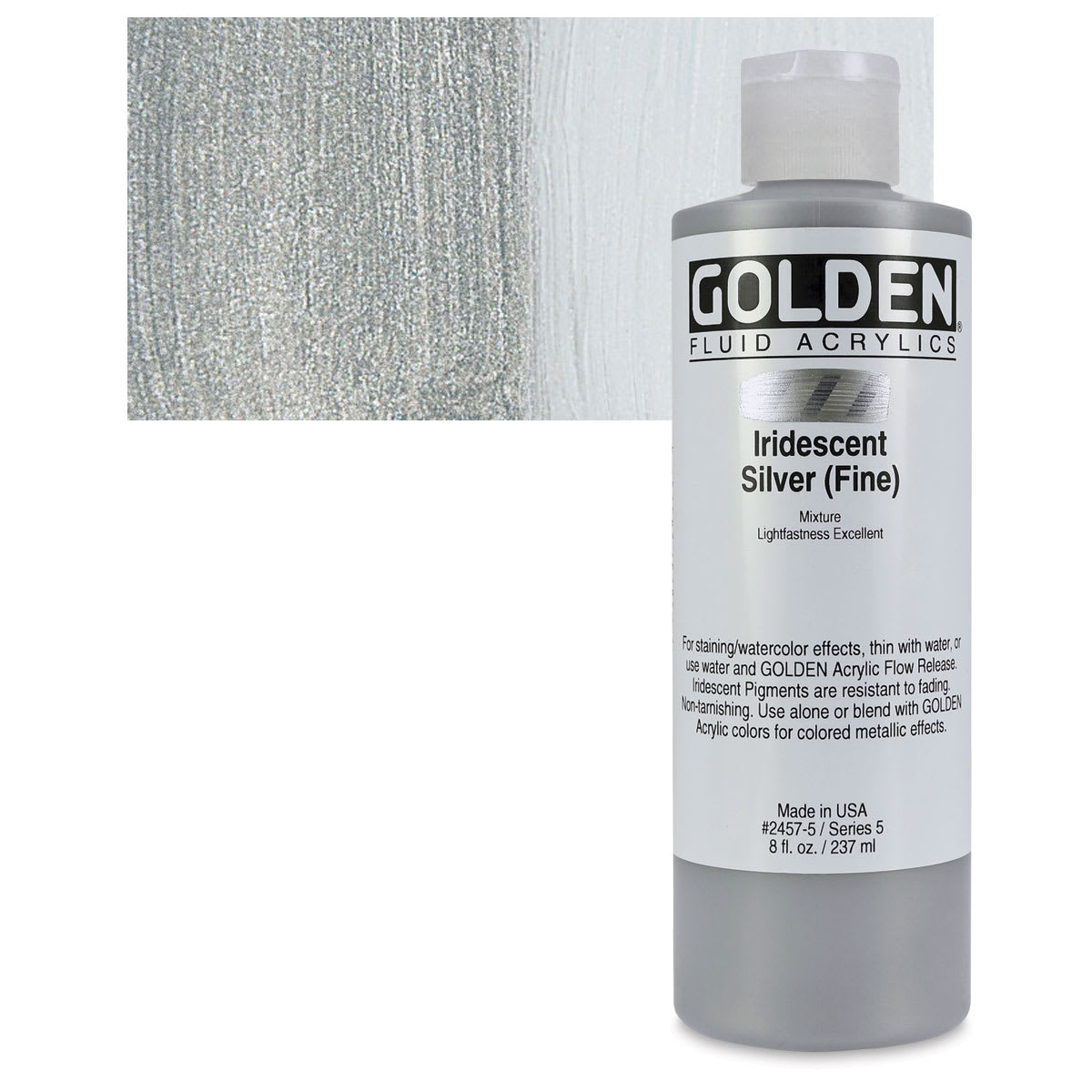 Golden Fluid Acrylic - Iridescent Silver (Fine), 8 oz bottle and swatch