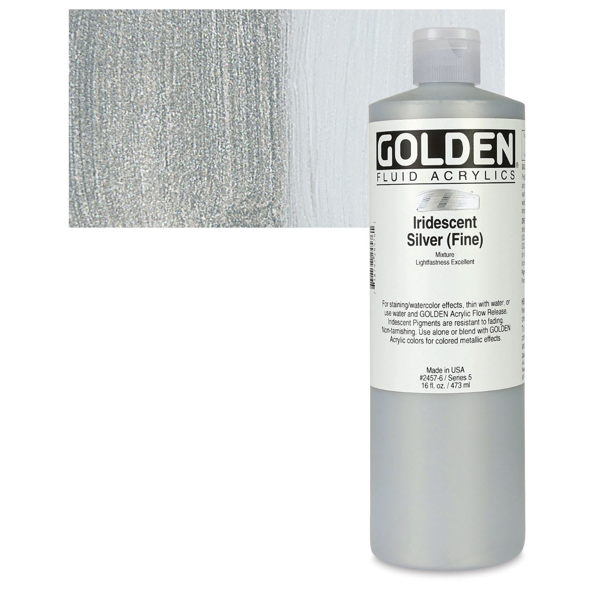 Golden Fluid Acrylic - Iridescent Silver (Fine), 16 oz bottle and swatch