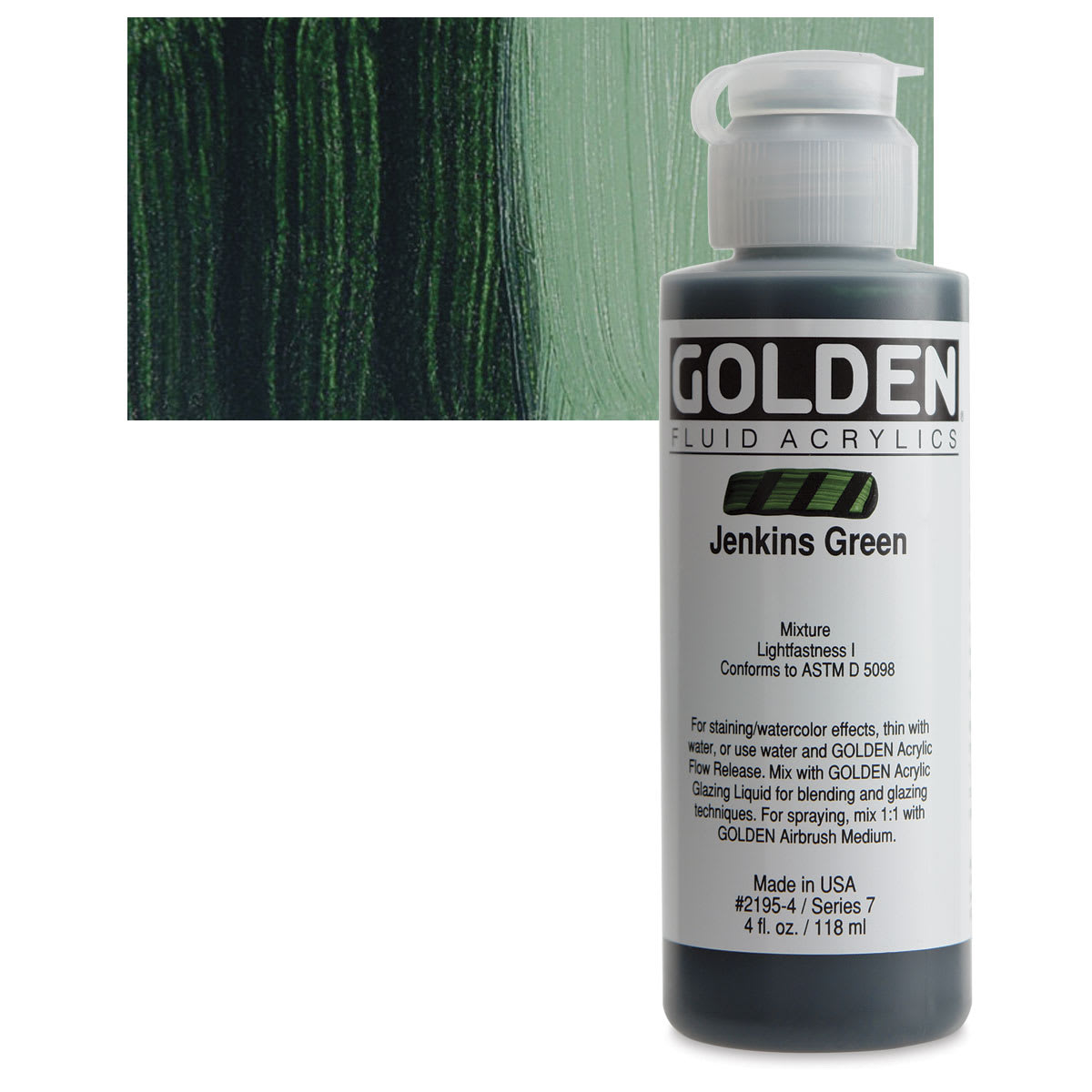 Golden Fluid Acrylic - Jenkins Green, 4 oz bottle and swatch