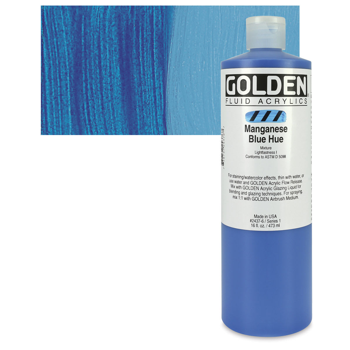 Golden Fluid Acrylic - Manganese Blue Historical Hue, 16 oz bottle and swatch