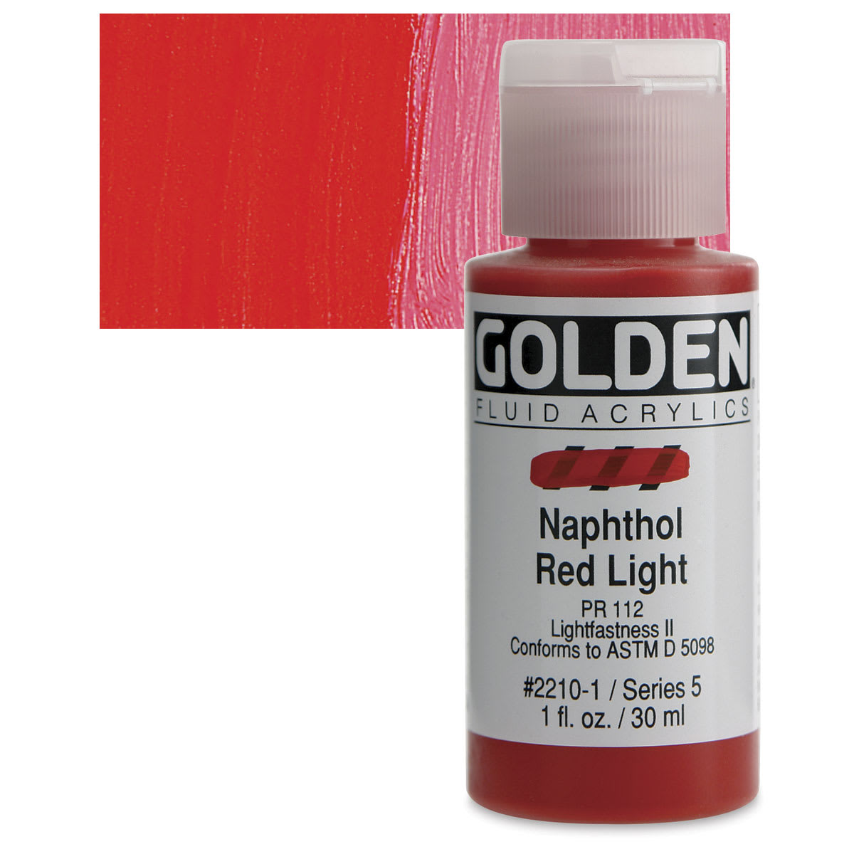 Golden Fluid Acrylic - Naphthol Red Light, 1 oz bottle and swatch