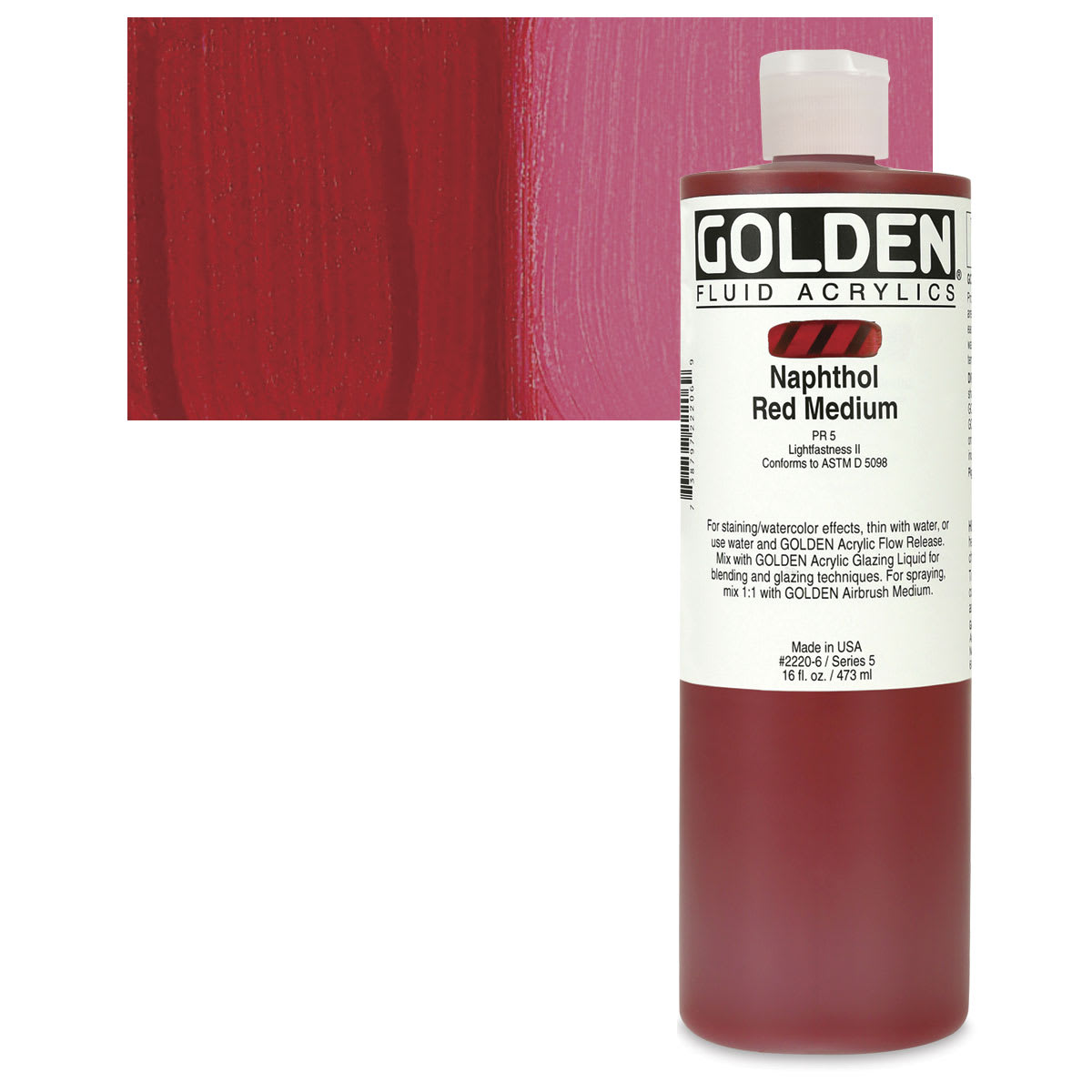 Golden Fluid Acrylic - Naphthol Red Medium, 16 oz bottle and swatch