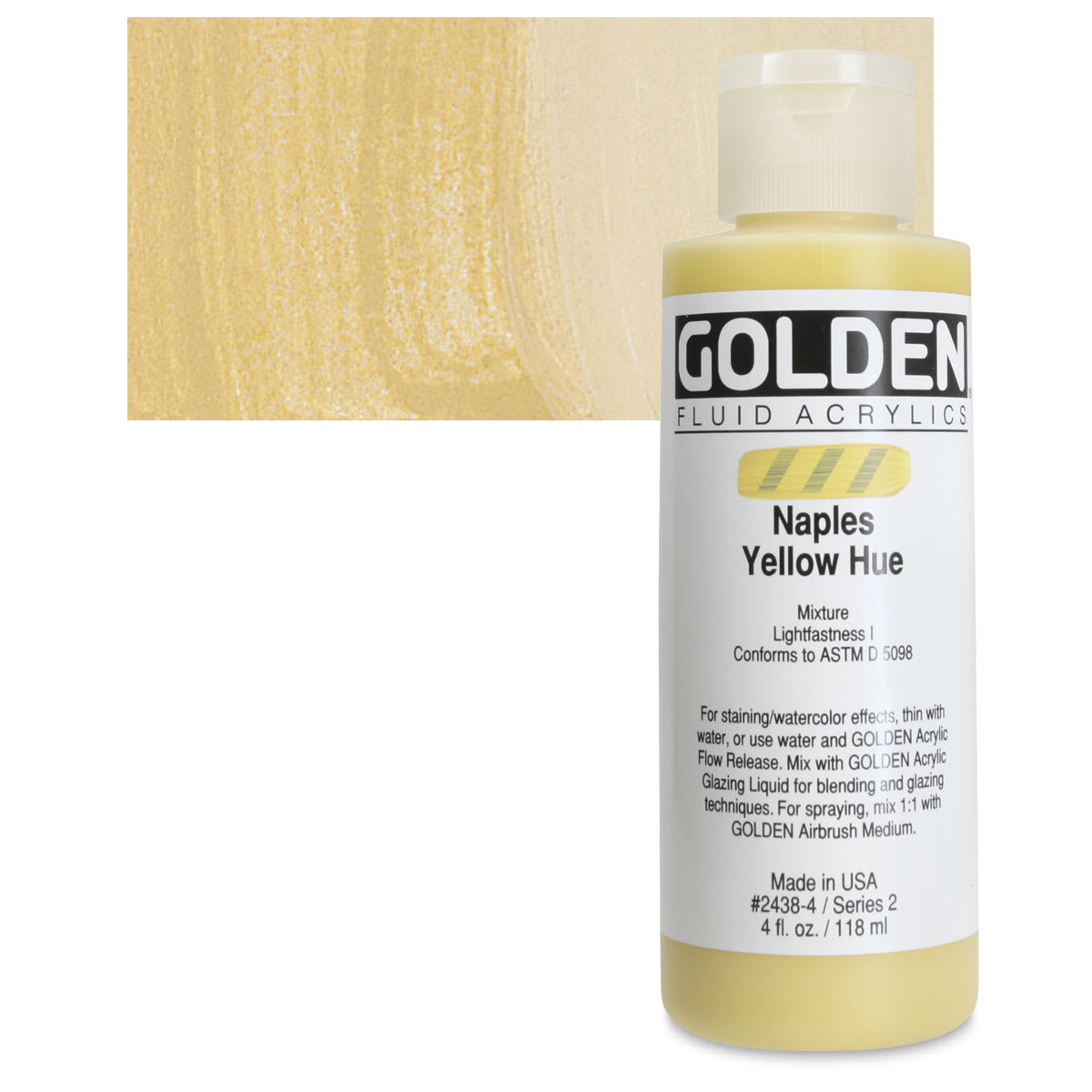 Golden Fluid Acrylic - Naples Yellow Historical Hue, 4 oz bottle and swatch