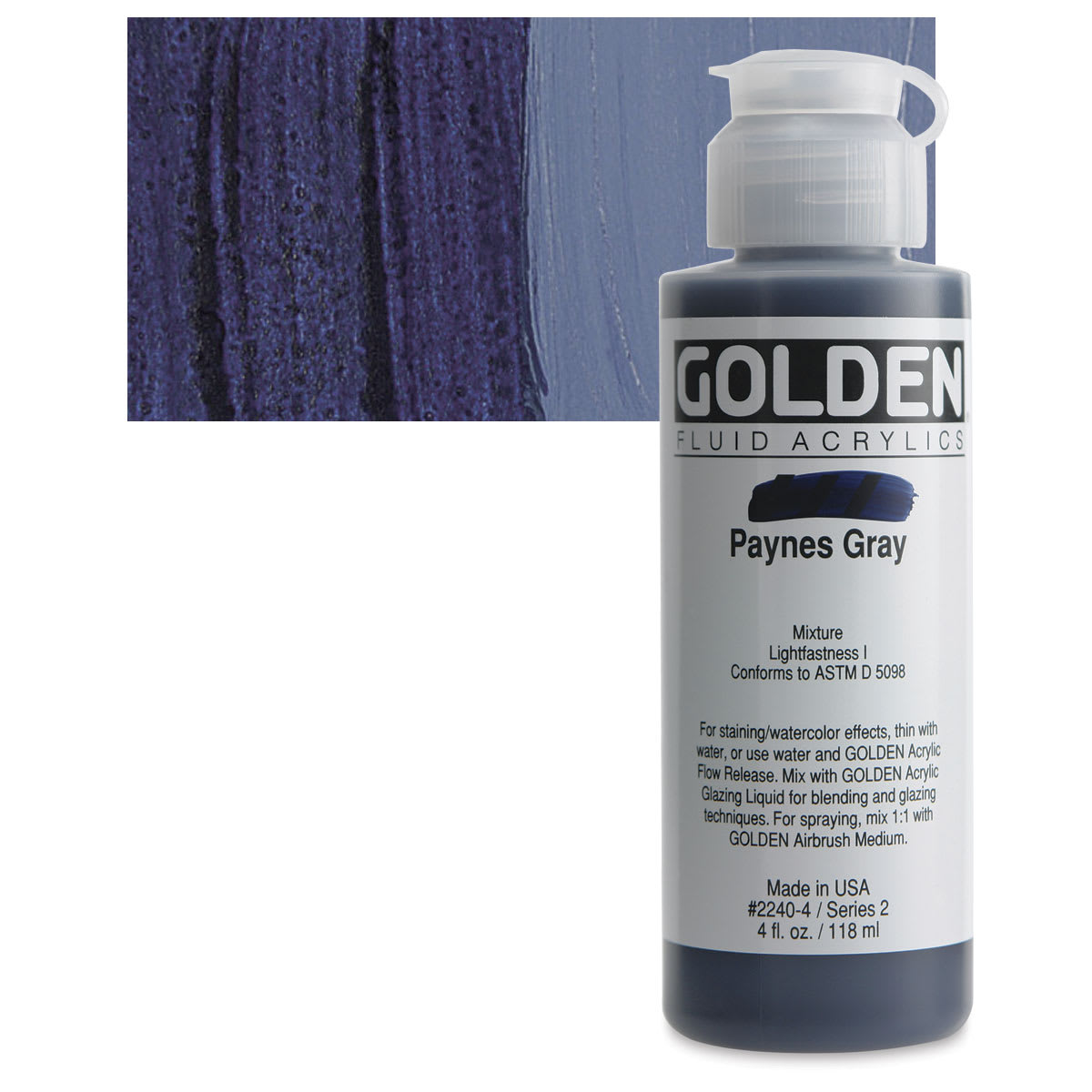 Golden Fluid Acrylic - Payne's Gray, 4 oz bottle and swatch