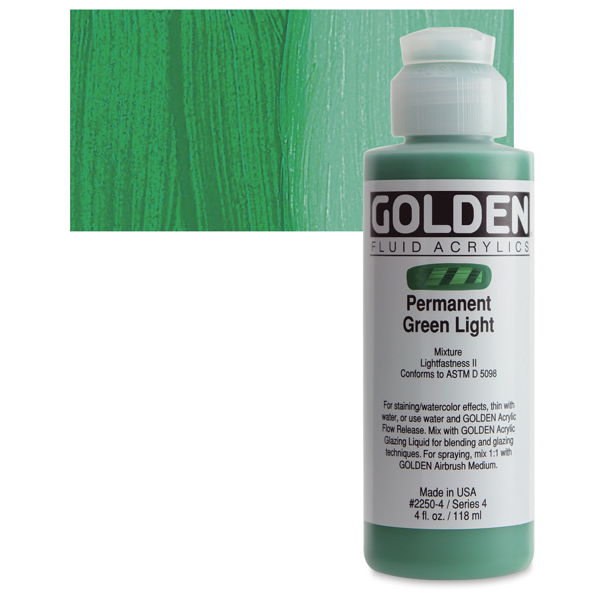 Golden Fluid Acrylic - Permanent Green Light, 4 oz bottle and swatch