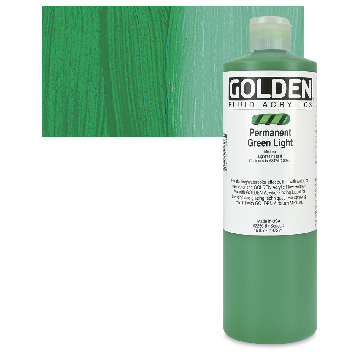 Golden Fluid Acrylic - Permanent Green Light, 16 oz bottle and swatch