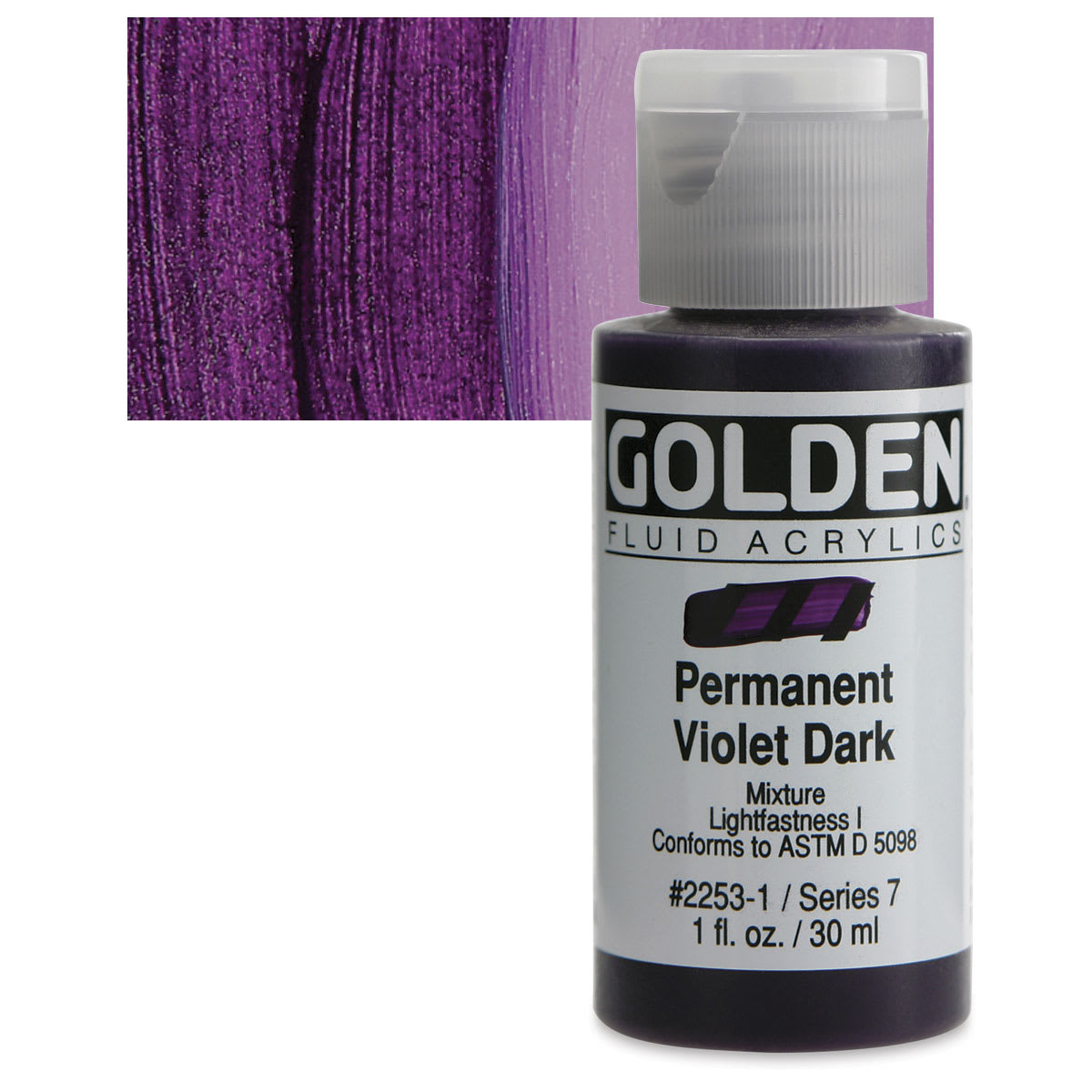 Golden Fluid Acrylic - Permanent Violet Dark, 1 oz bottle and swatch