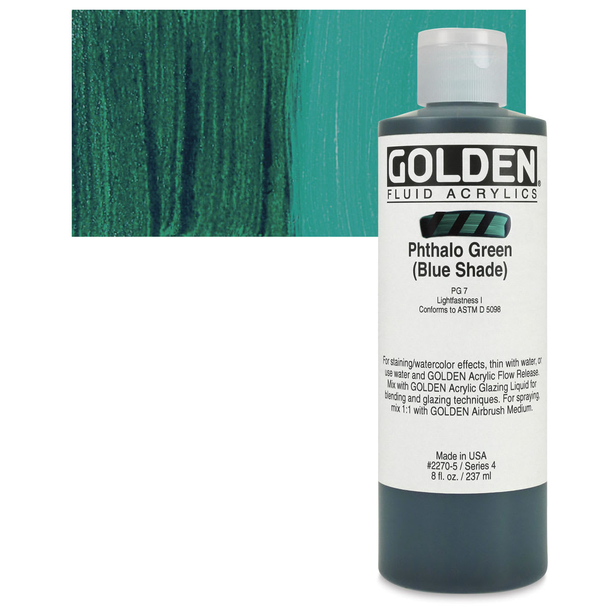 Golden Fluid Acrylic - Phthalo Green (Blue Shade), 8 oz bottle and swatch