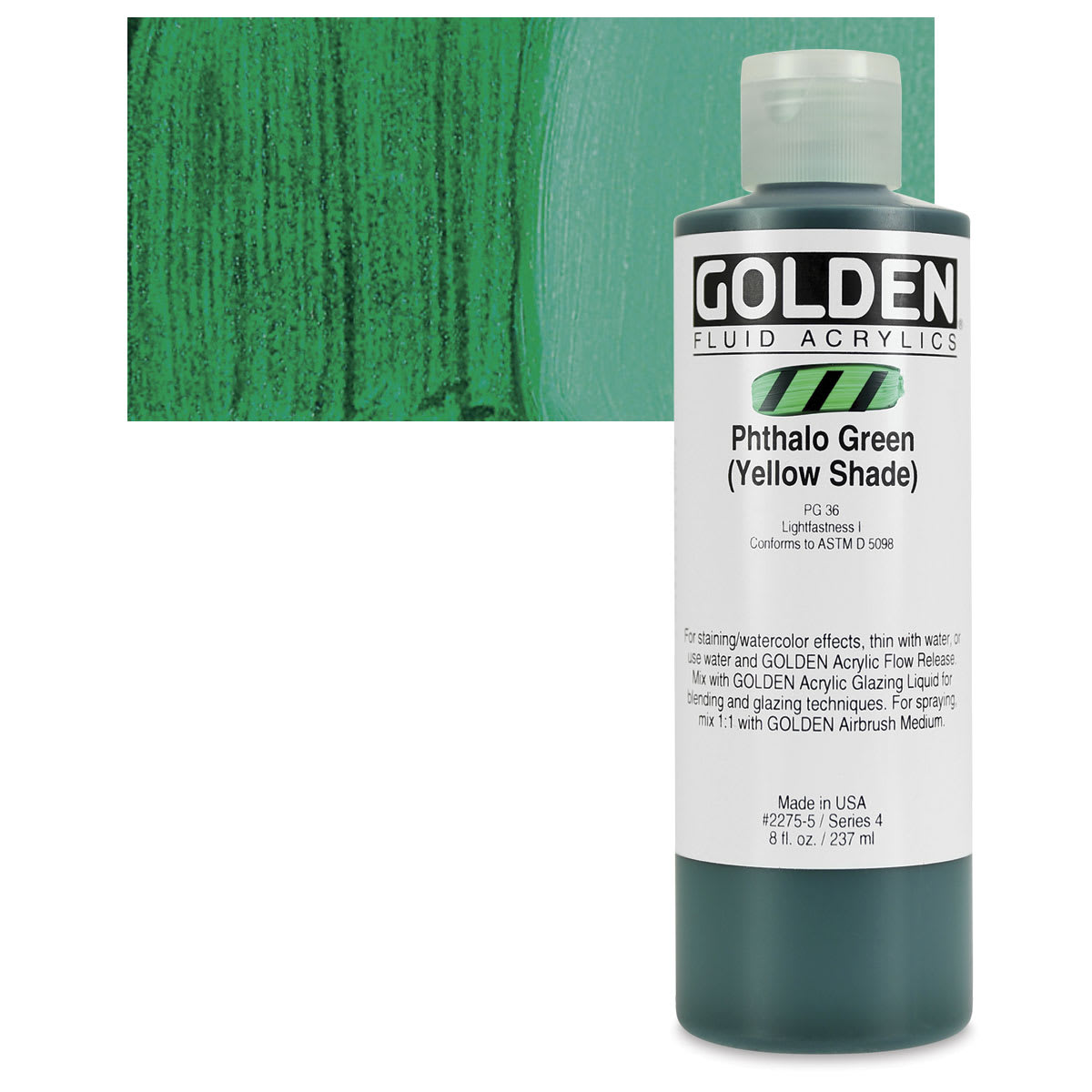 Golden Fluid Acrylic - Phthalo Green (Yellow Shade), 8 oz bottle and swatch