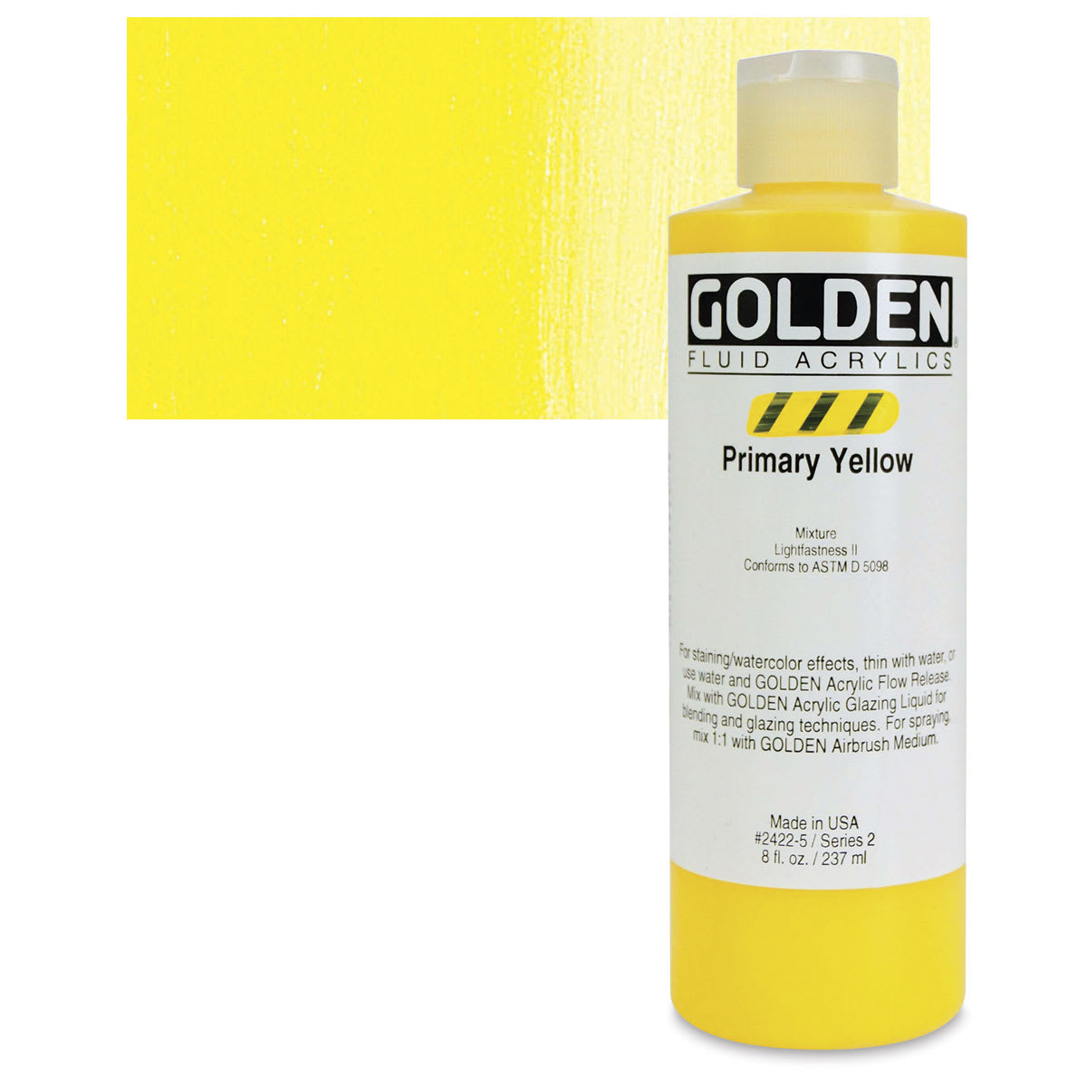 Golden Fluid Acrylic - Primary Yellow, 8 oz bottle and swatch