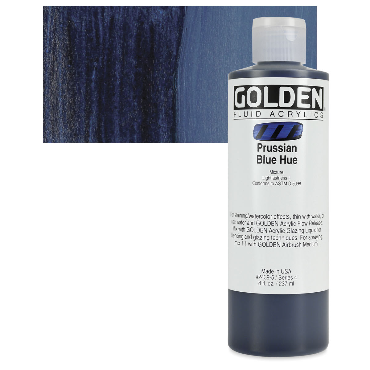 Golden Fluid Acrylic - Prussian Blue Historical Hue, 8 oz bottle and swatch