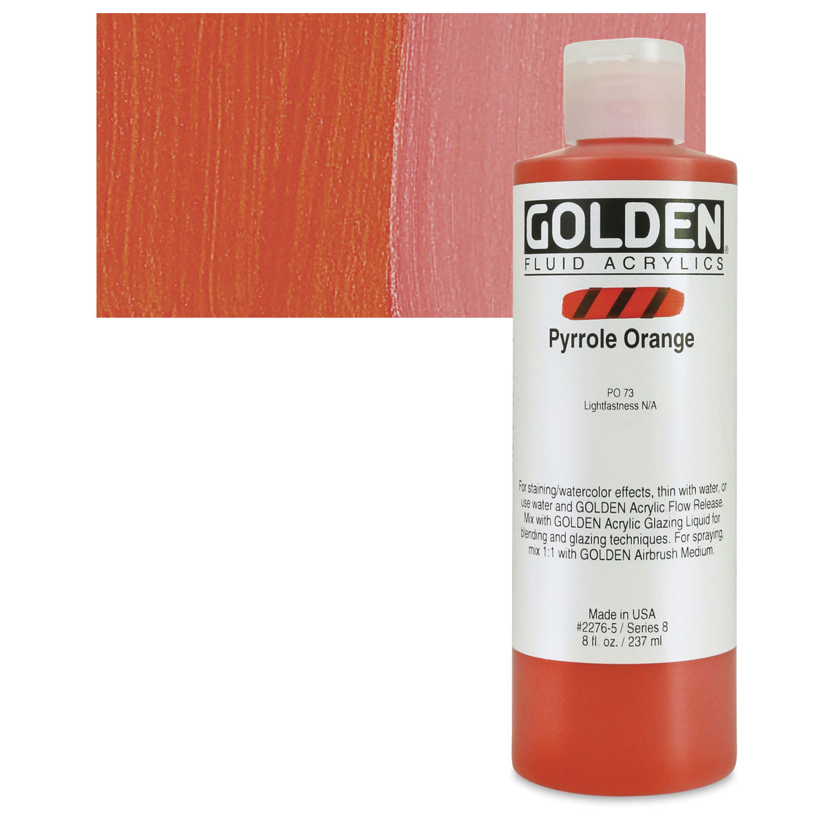 Golden Fluid Acrylic - Pyrrole Orange, 8 oz bottle and swatch