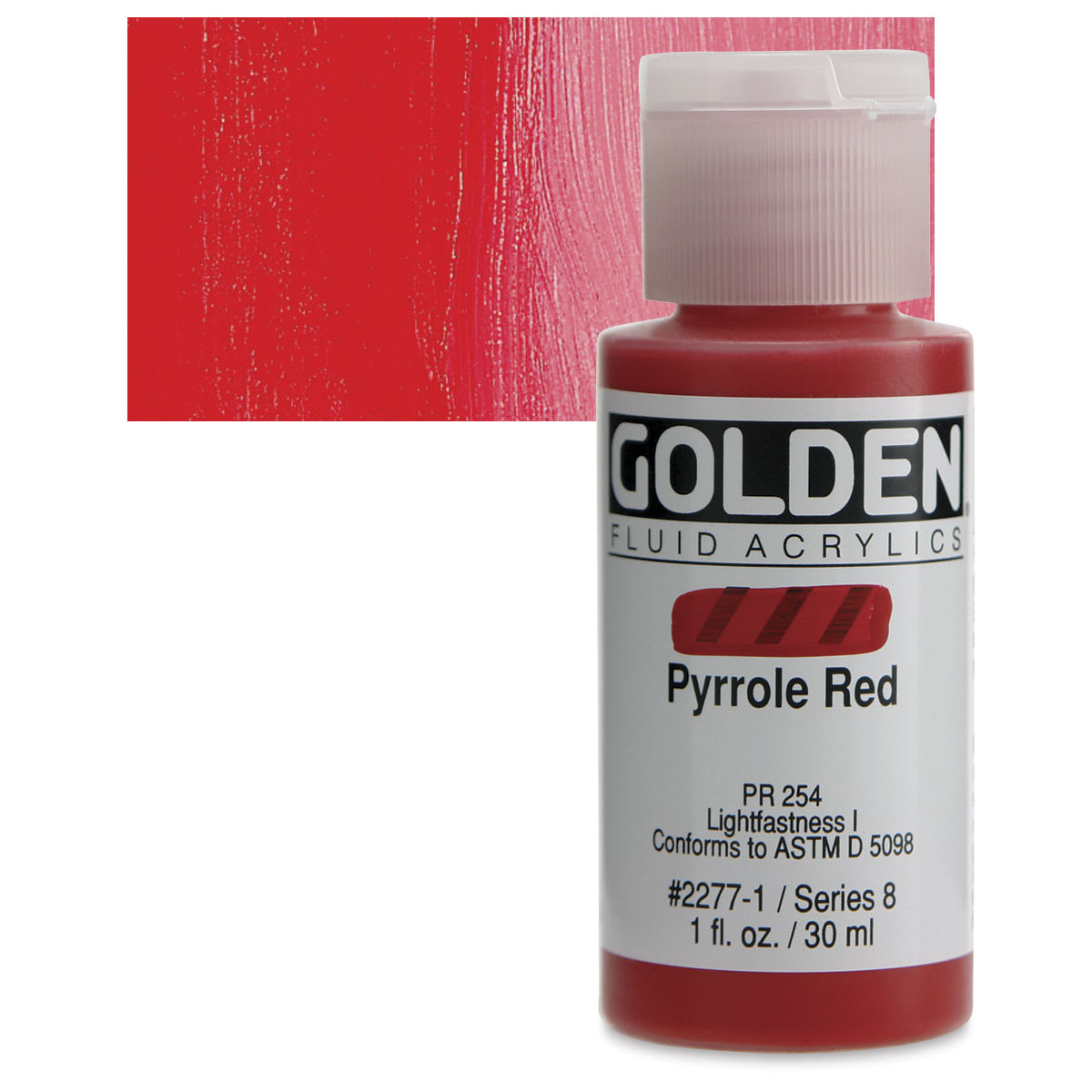 Golden Fluid Acrylic - Pyrrole Red, 1 oz bottle and swatch