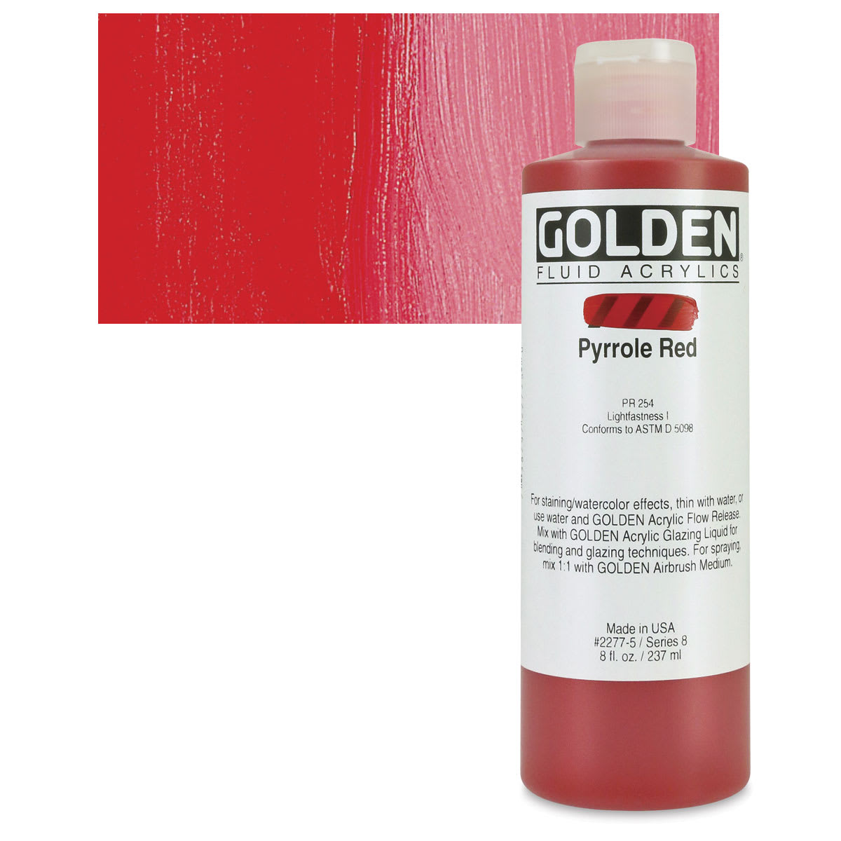 Golden Fluid Acrylic - Pyrrole Red, 8 oz bottle and swatch