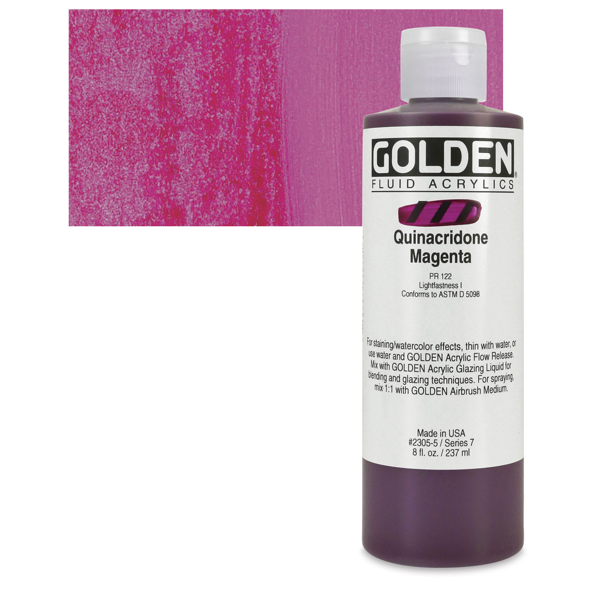 Golden Fluid Acrylic -Quinacridone Magenta, 8 oz bottle and swatch