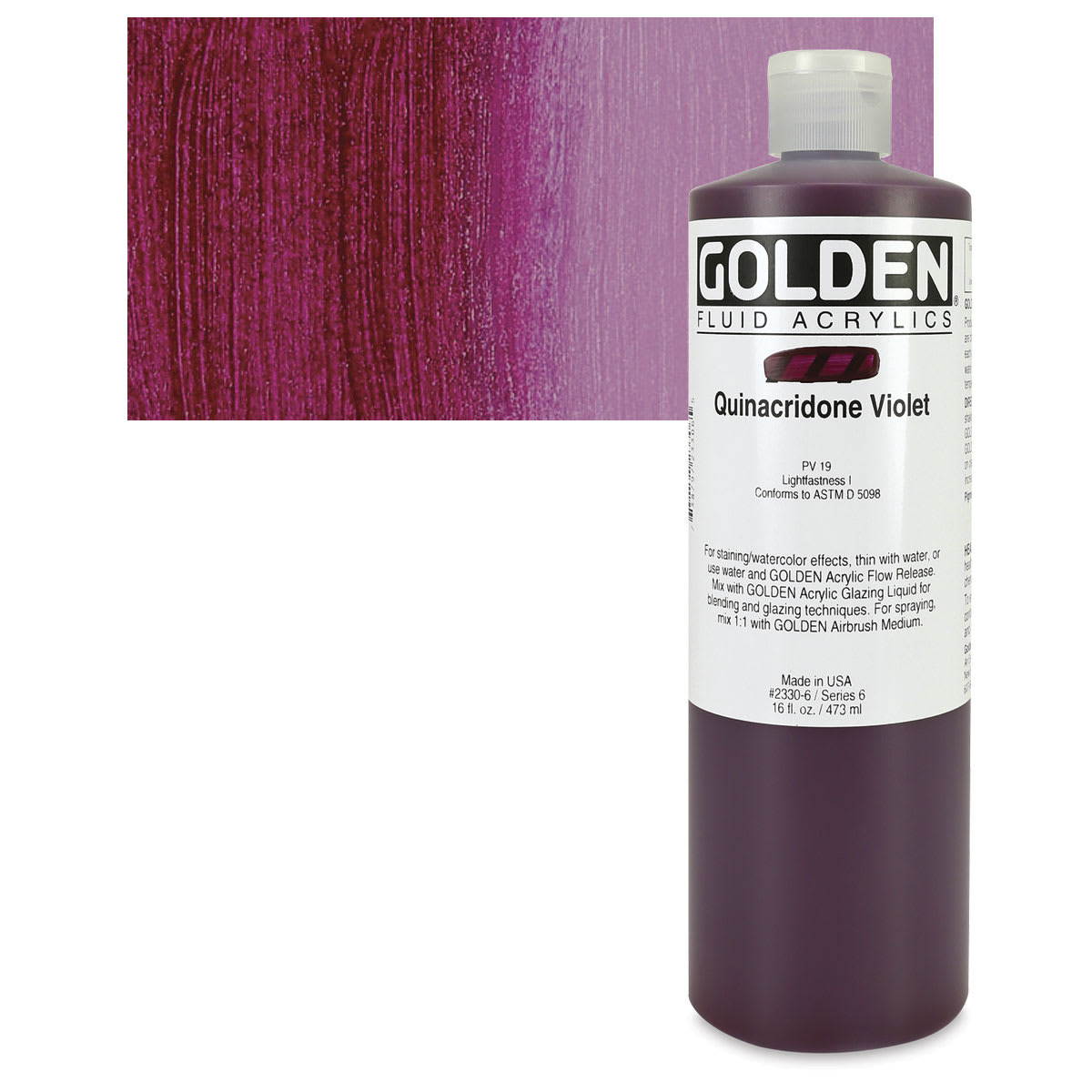 Golden Fluid Acrylic - Quinacridone Violet, 16 oz bottle and swatch