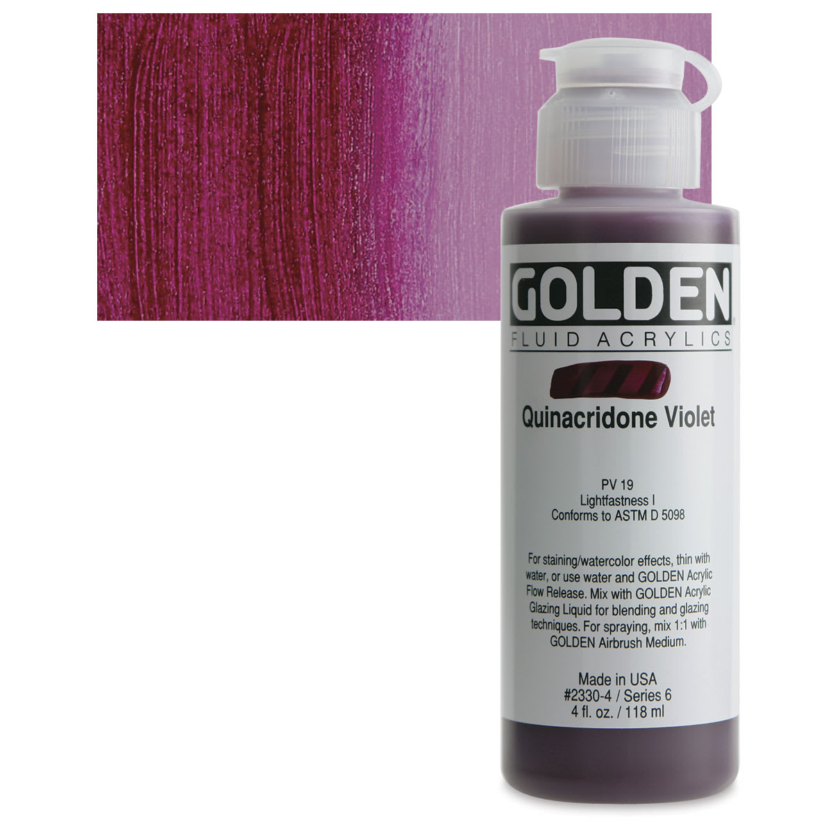 Golden Fluid Acrylic - Quinacridone Violet, 4 oz bottle and swatch