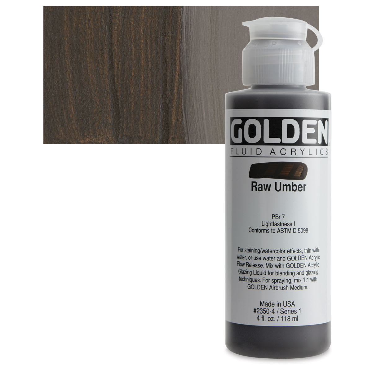 Golden Fluid Acrylic - Raw Umber, 4 oz bottle and swatch
