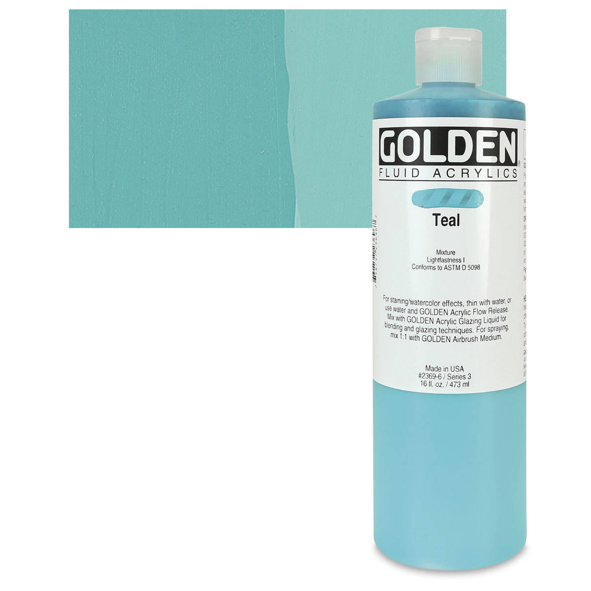 Golden Fluid Acrylic - Teal, 16 oz bottle and swatch