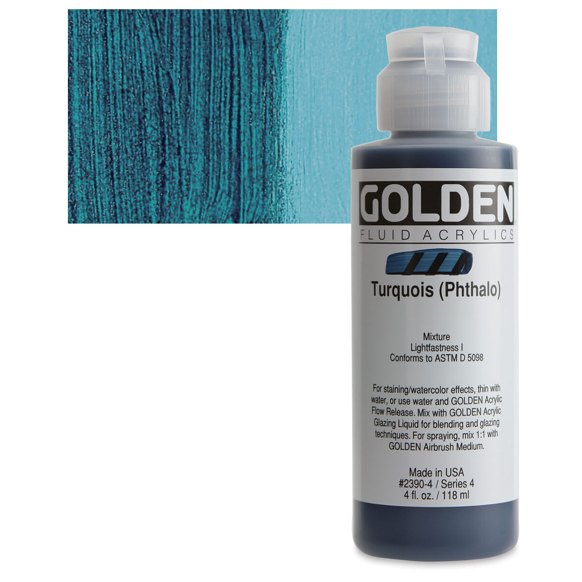 Golden Fluid Acrylic - Turquoise (Phthalo), 4 oz bottle and swatch