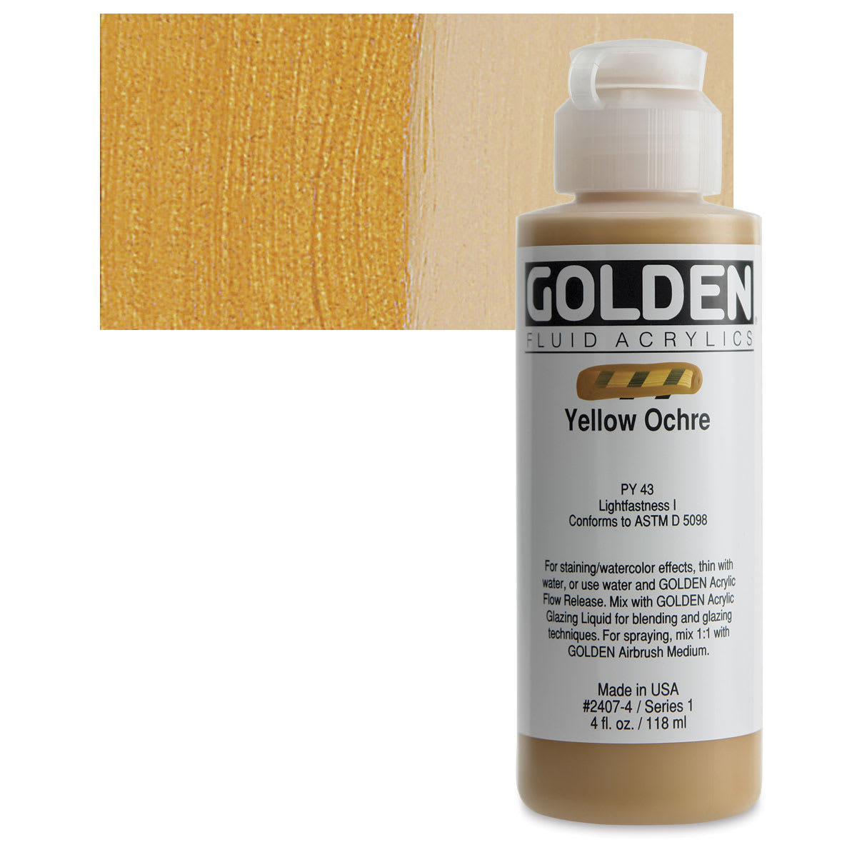 Golden Fluid Acrylic - Yellow Ochre, 4 oz bottle and swatch