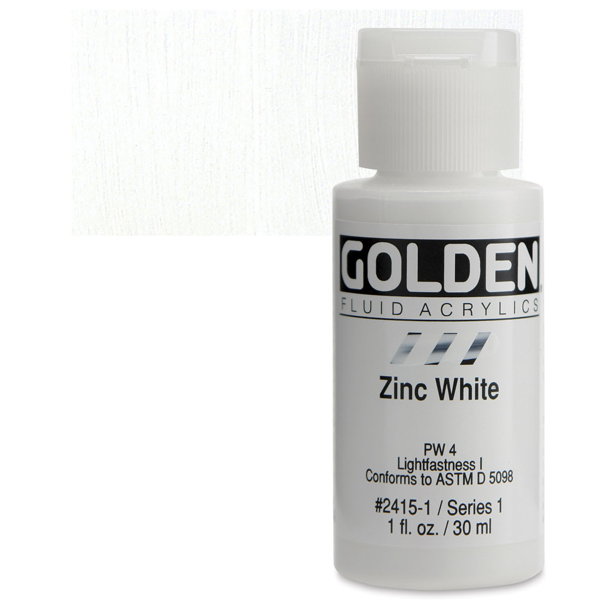 Golden Fluid Acrylic - Zinc White, 1 oz bottle and swatch