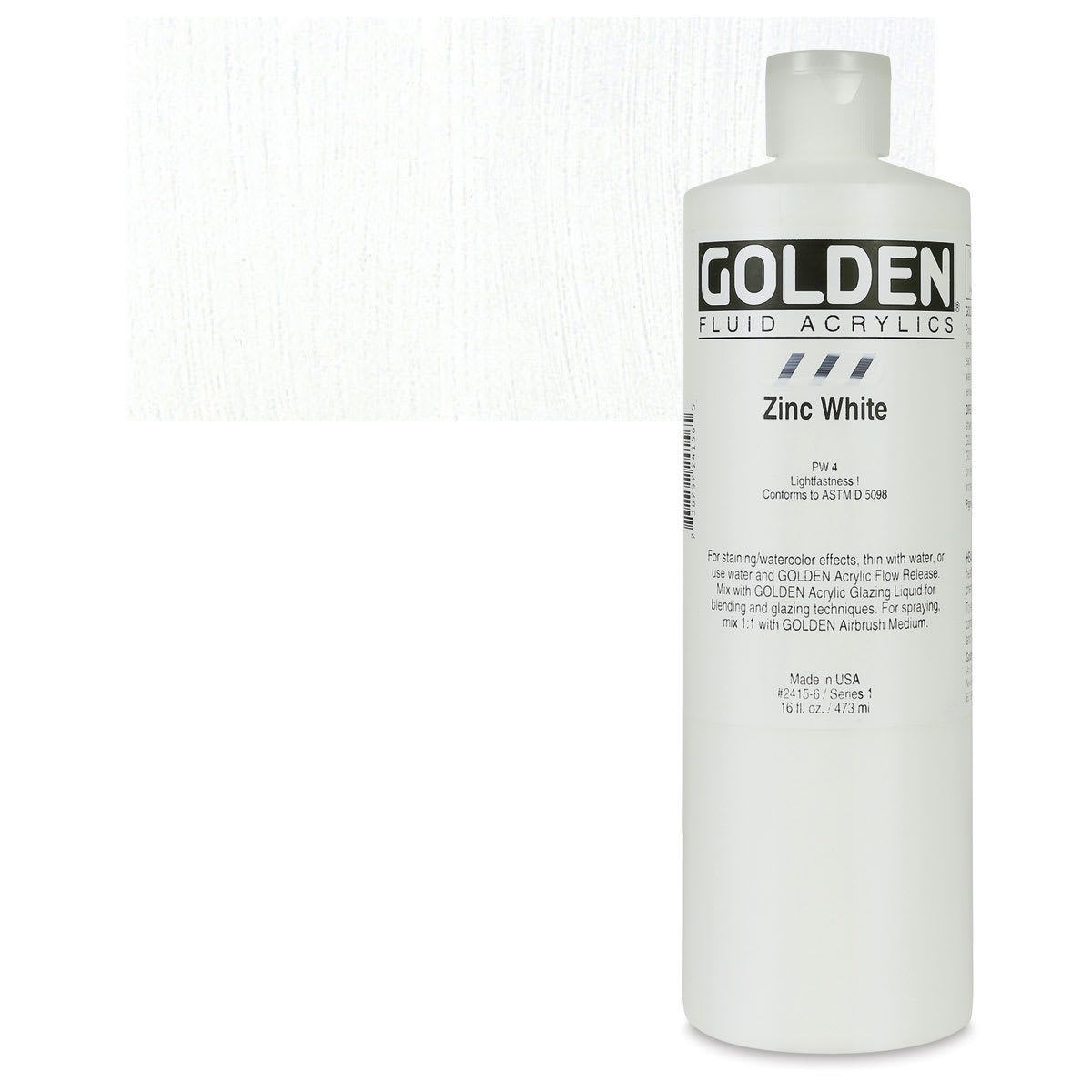 Golden Fluid Acrylic - Zinc White, 16 oz bottle and swatch