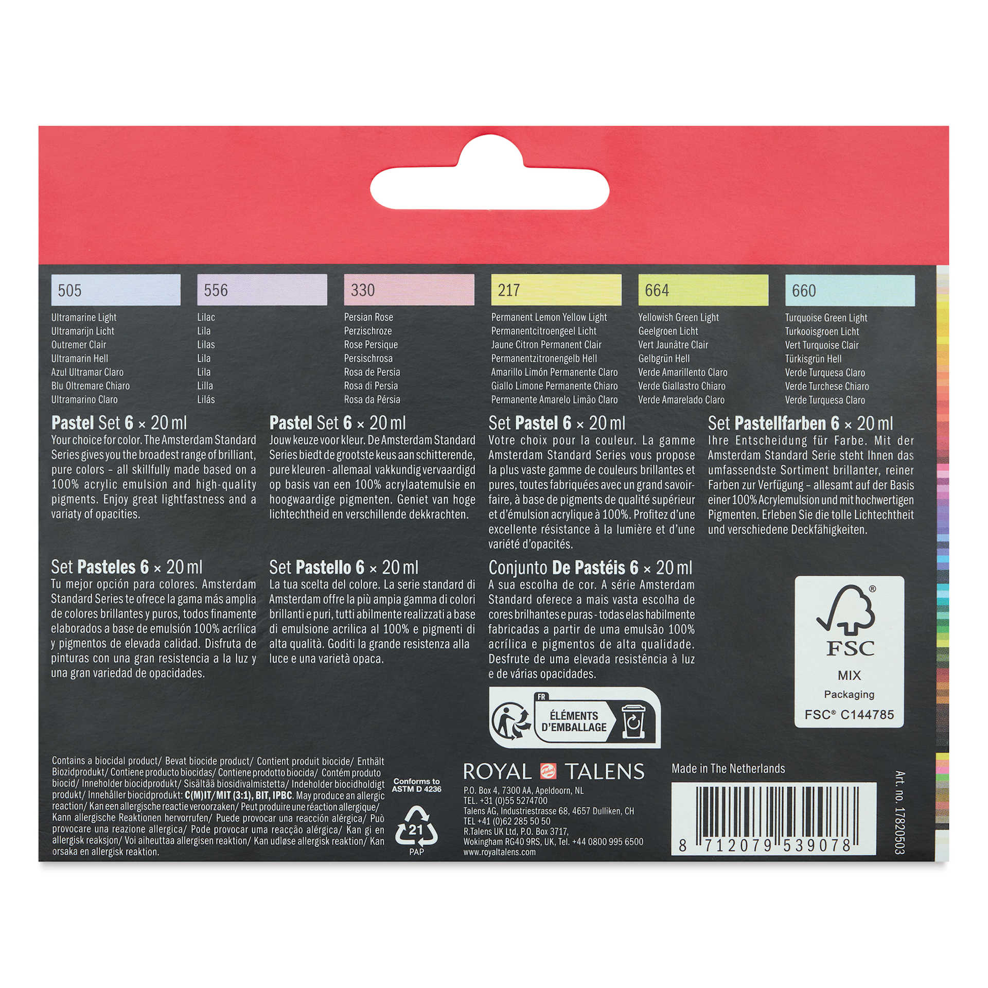 Amsterdam Standard Series Acrylics - Set of 6, Pastel, 20 ml Tubes, back of packaging