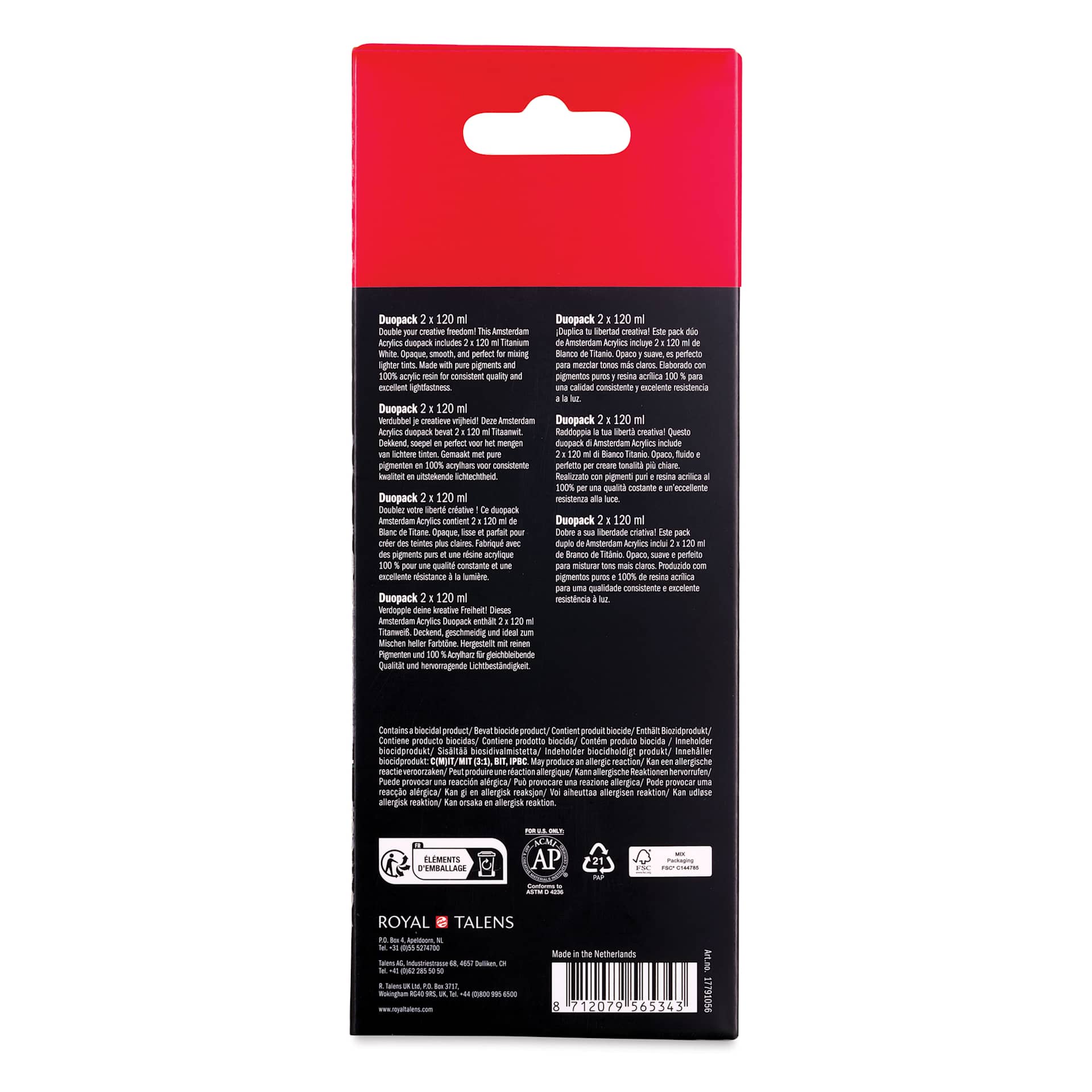 Amsterdam Standard Series Acrylics - Pkg of 2, Titanium White, 120 ml tubes back of package