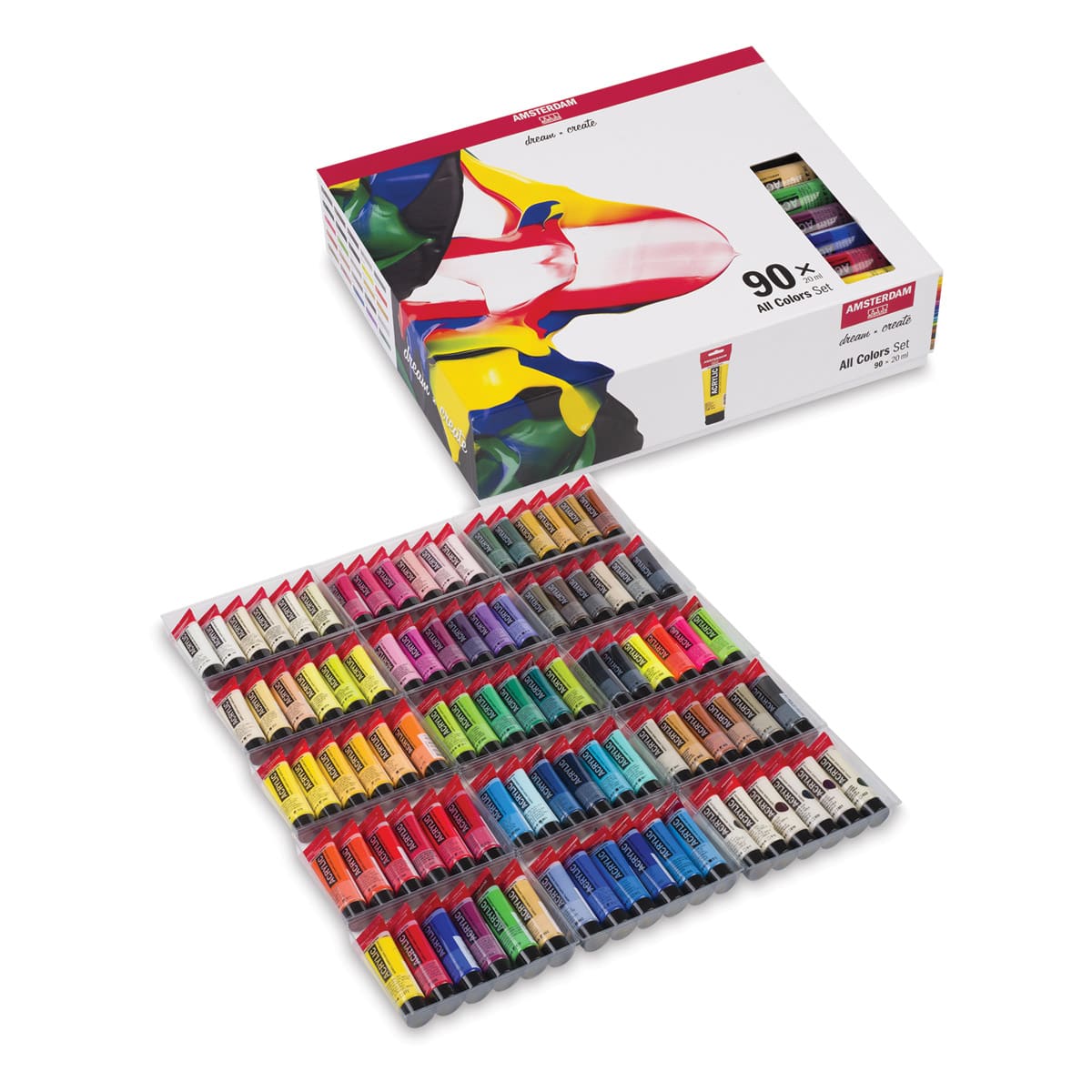 Amsterdam Standard Acrylics - Set of 90, All Colors, 20 ml, Tubes (Shown in and out of packaging)