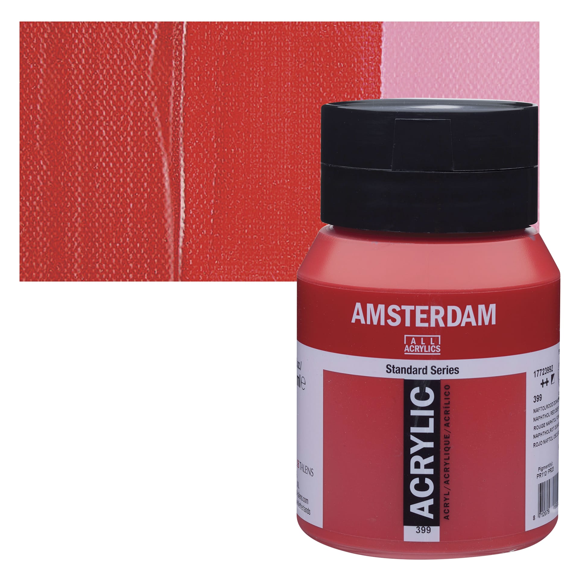 Amsterdam Standard Series Acrylic - Naphthol Red Deep, 500 ml bottle and swatch