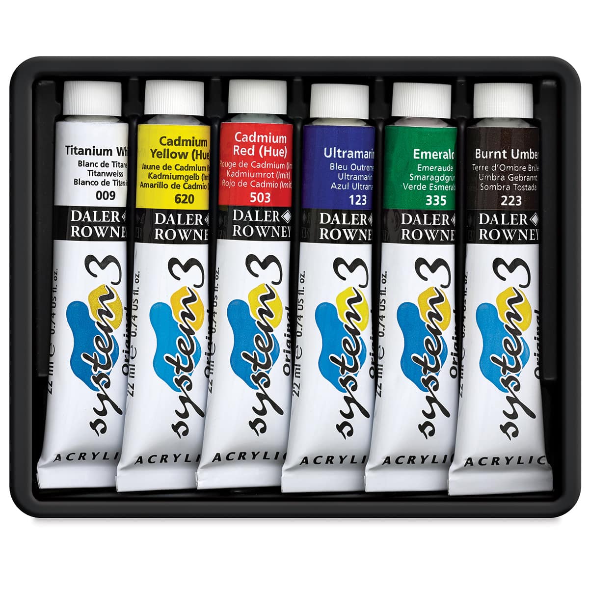Daler-Rowney System3 Acrylics - Components of Starter Set of 6 colors in tray Daler-Rowney System3 Acrylics - Components of Starter Set of 6 colors in tray