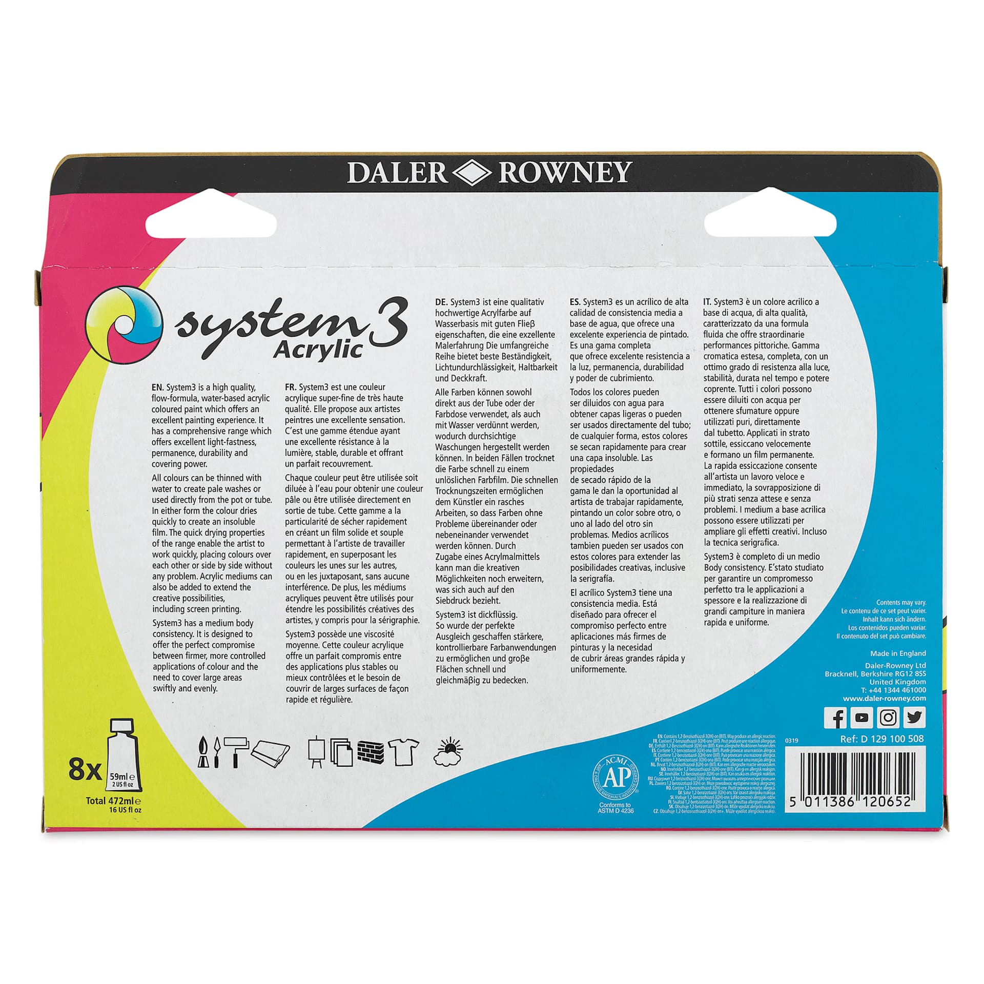 Daler-Rowney System3 Acrylics - Selection Set, Set of 8, 59 ml Tubes (Back of package)