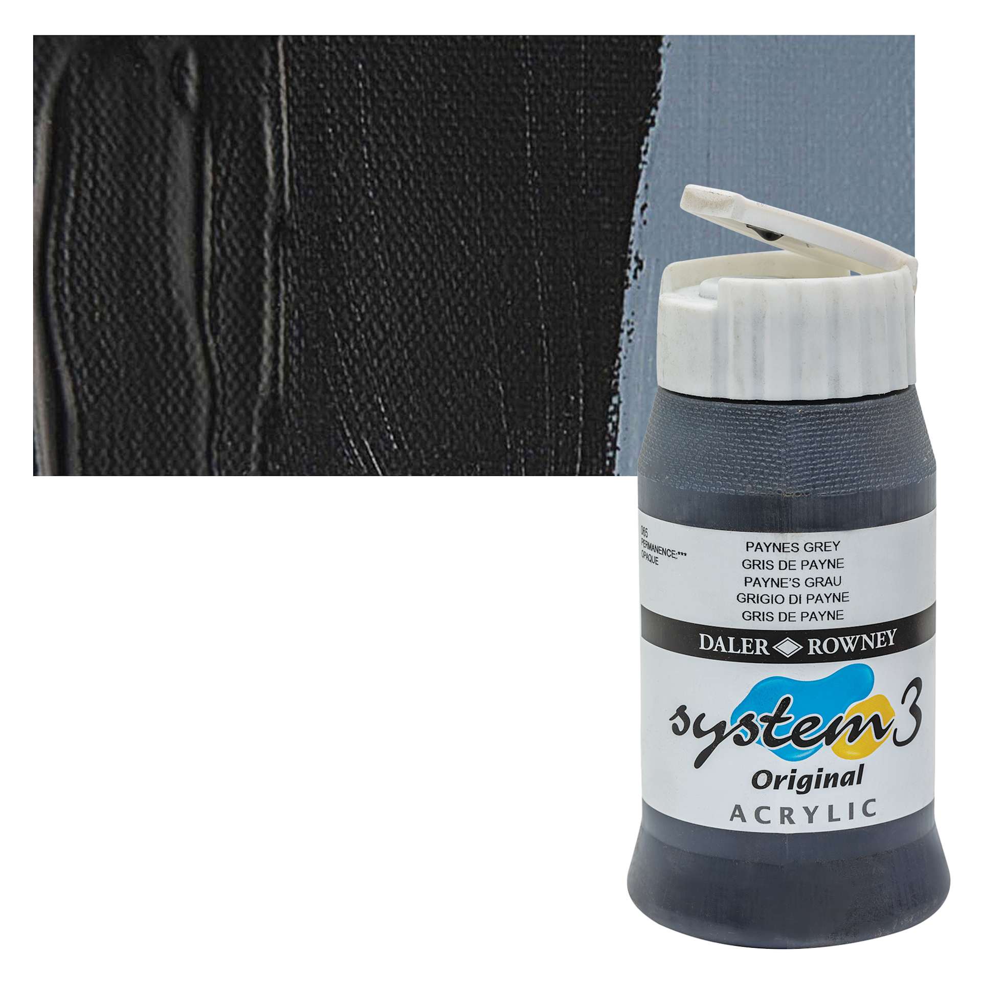 Daler-Rowney System3 Acrylic - Payne's Gray, 500 ml bottle and swatch