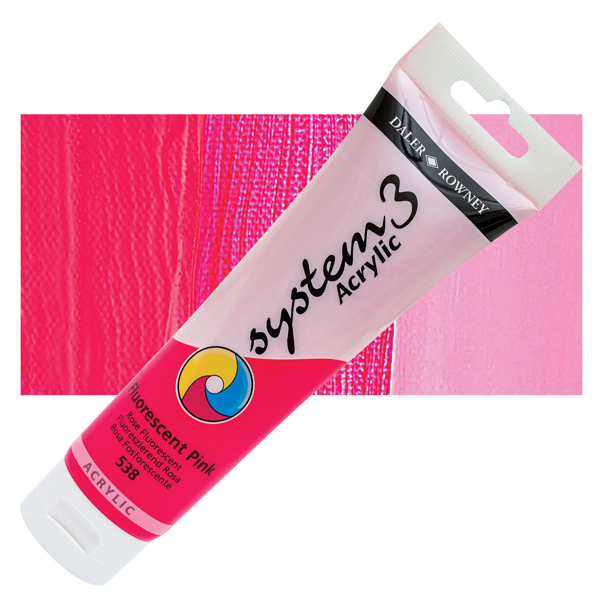 Daler-Rowney System3 Acrylic - Fluorescent Pink, 150 ml tube and swatch