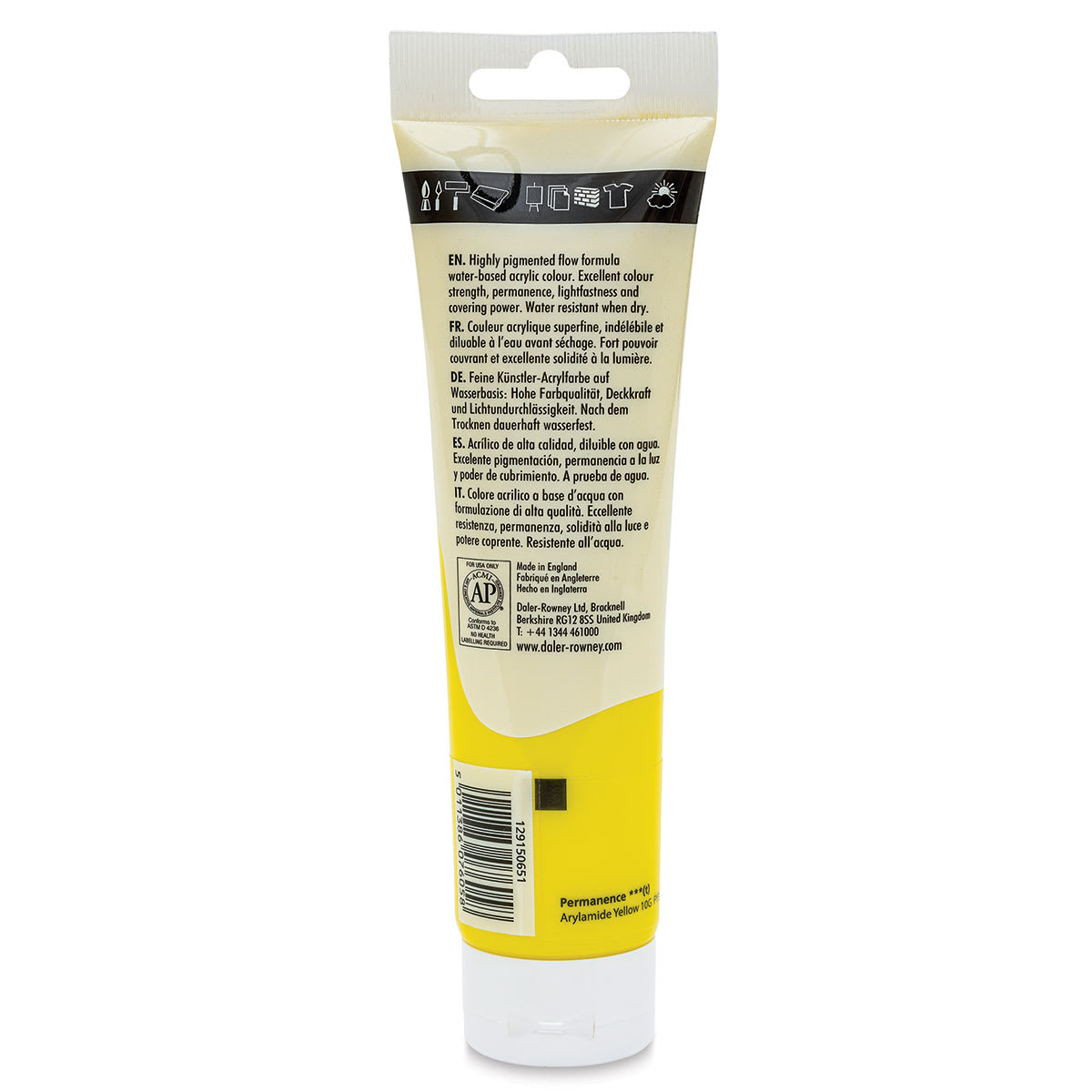 Daler-Rowney System3 Acrylic - Lemon Yellow, 150 ml tube back Daler-Rowney System3 Acrylic - Lemon Yellow, 150 ml tube back