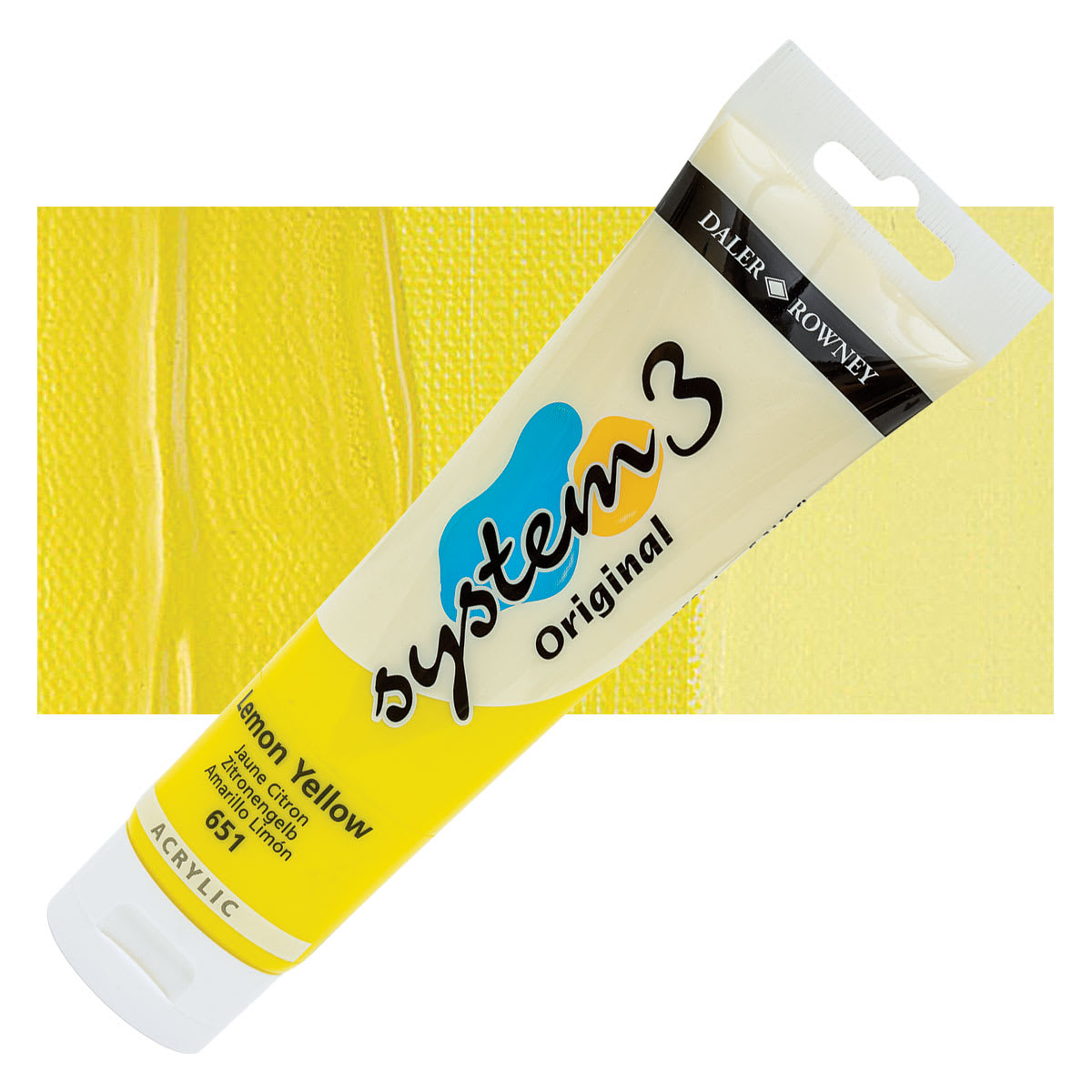 Daler-Rowney System3 Acrylic - Lemon Yellow, 150 ml tube and swatch Daler-Rowney System3 Acrylic - Lemon Yellow, 150 ml tube and swatch
