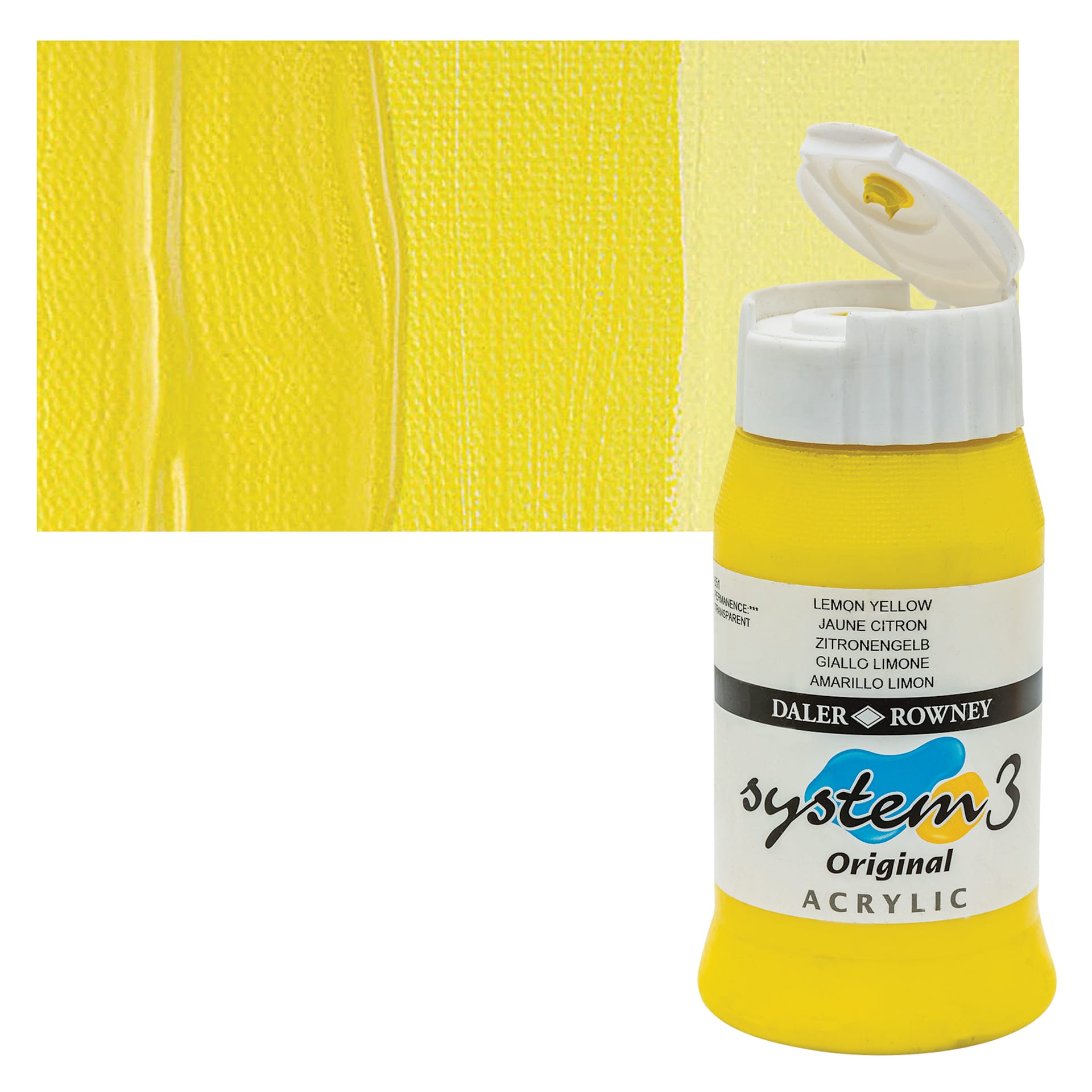 Daler-Rowney System3 Acrylic - Lemon Yellow, 500 ml bottle and swatch