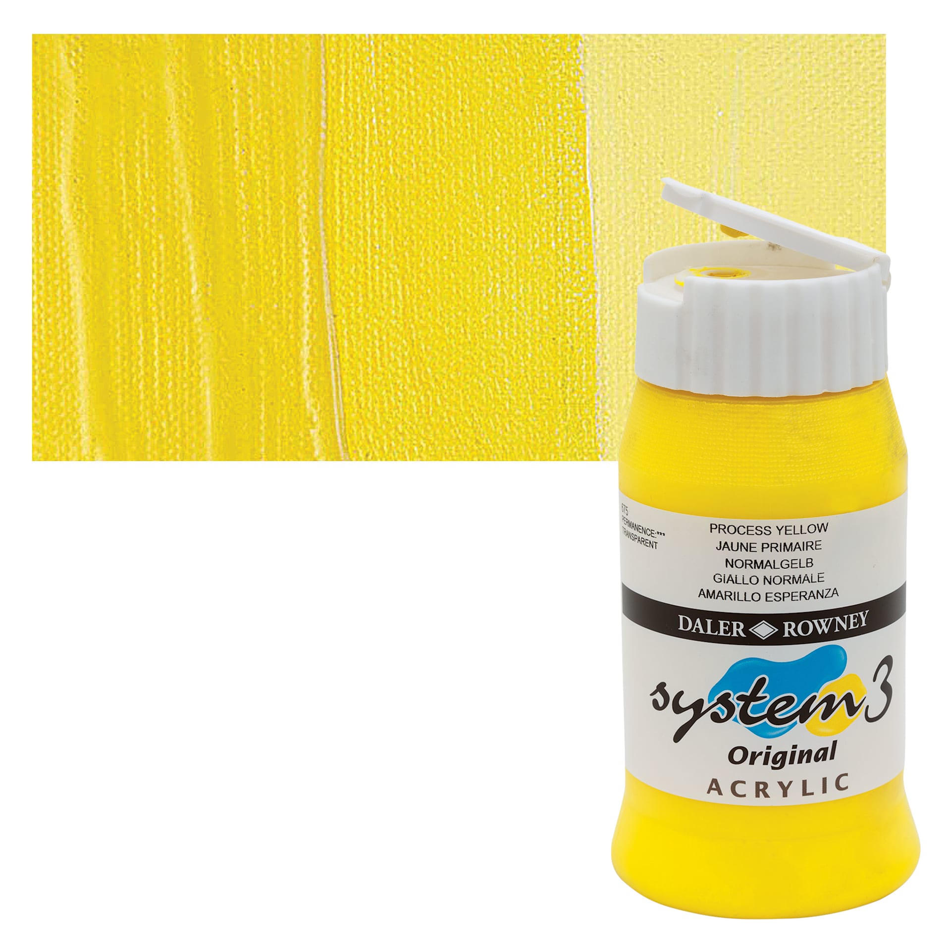 Daler-Rowney System3 Acrylic - Process Yellow, 500 ml bottle and swatch