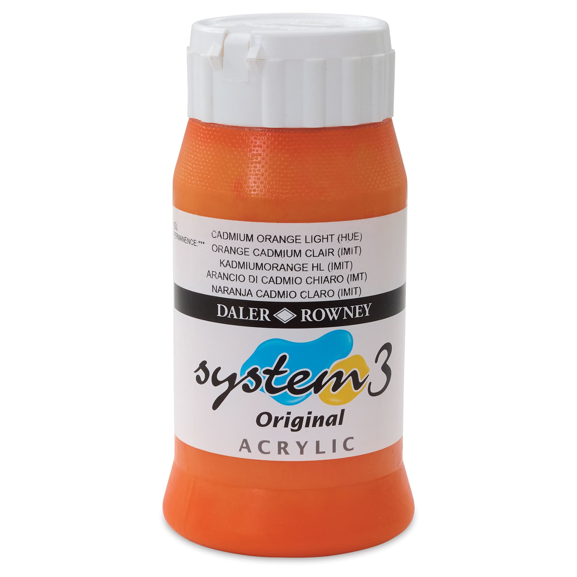 Daler-Rowney System3 Acrylic - Cadmium Orange Light, 500 ml, bottle (Front of bottle) Daler-Rowney System3 Acrylic - Cadmium Orange Light, 500 ml, bottle (Front of bottle)